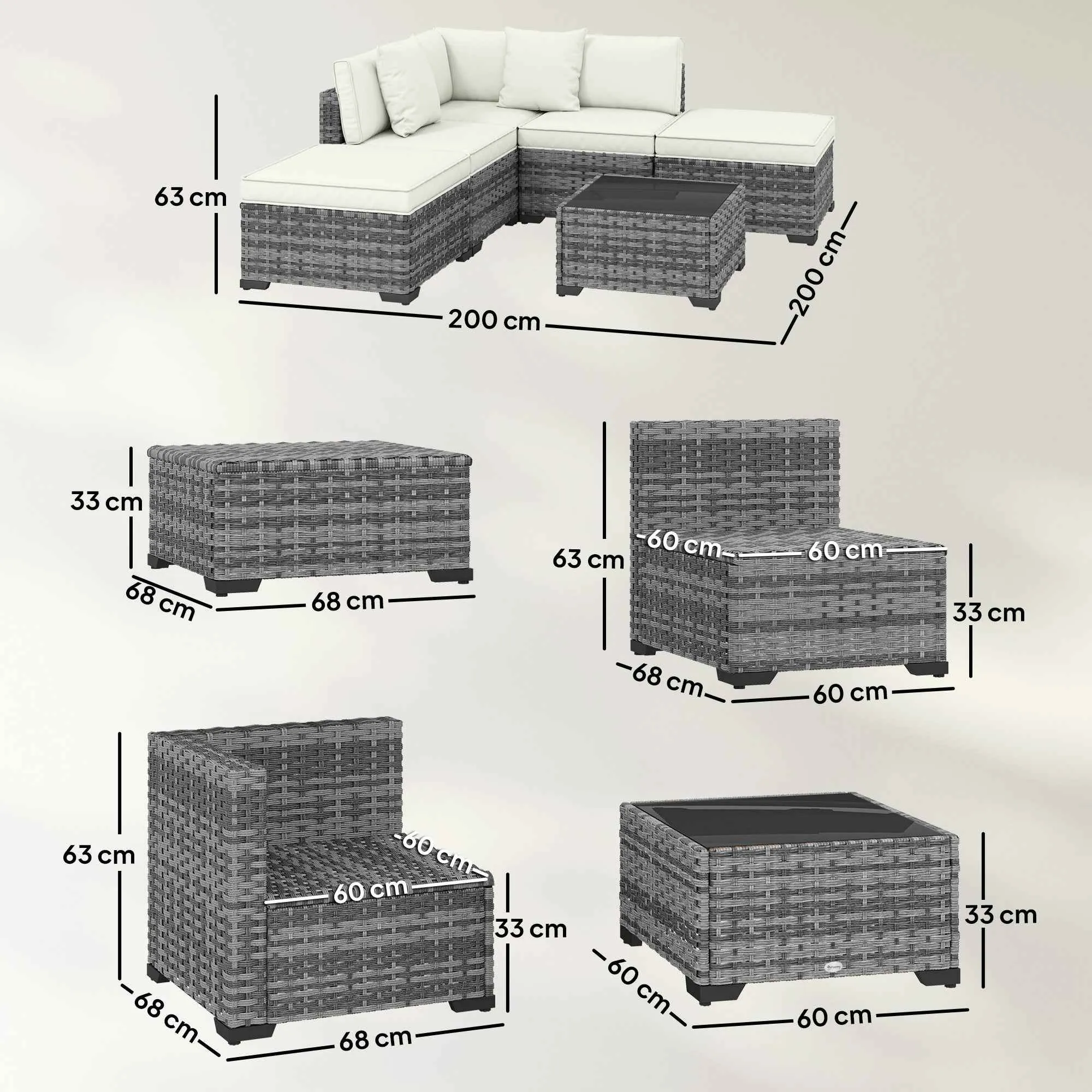 Outsunny 6-Piece Rattan and Steel Garden Furniture Set with Sofa, Coffee Table, and Cushions, Grey - Image 3