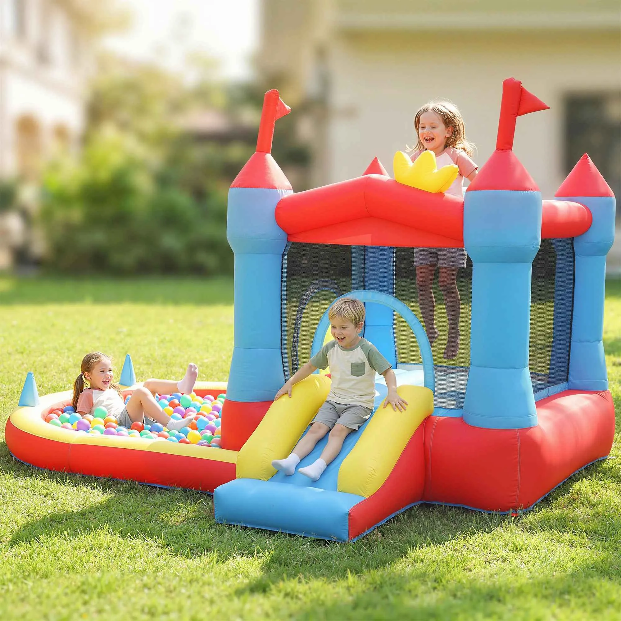 Inflatable Castle for Kids with Slide, Pool/Ball Pit, Basketball Hoop and Blower - Image 2