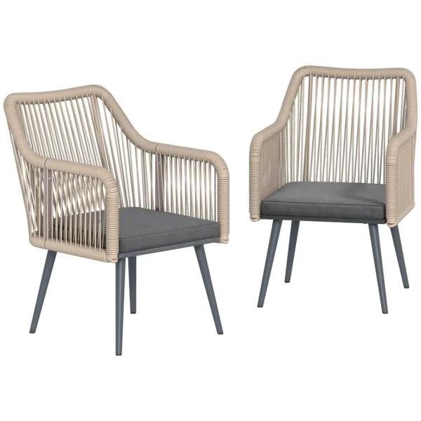 Outsunny Set of 2 Garden Chairs with Cushions and Armrests, in Steel and PE Rattan, 54x65x80 cm, Dark Grey