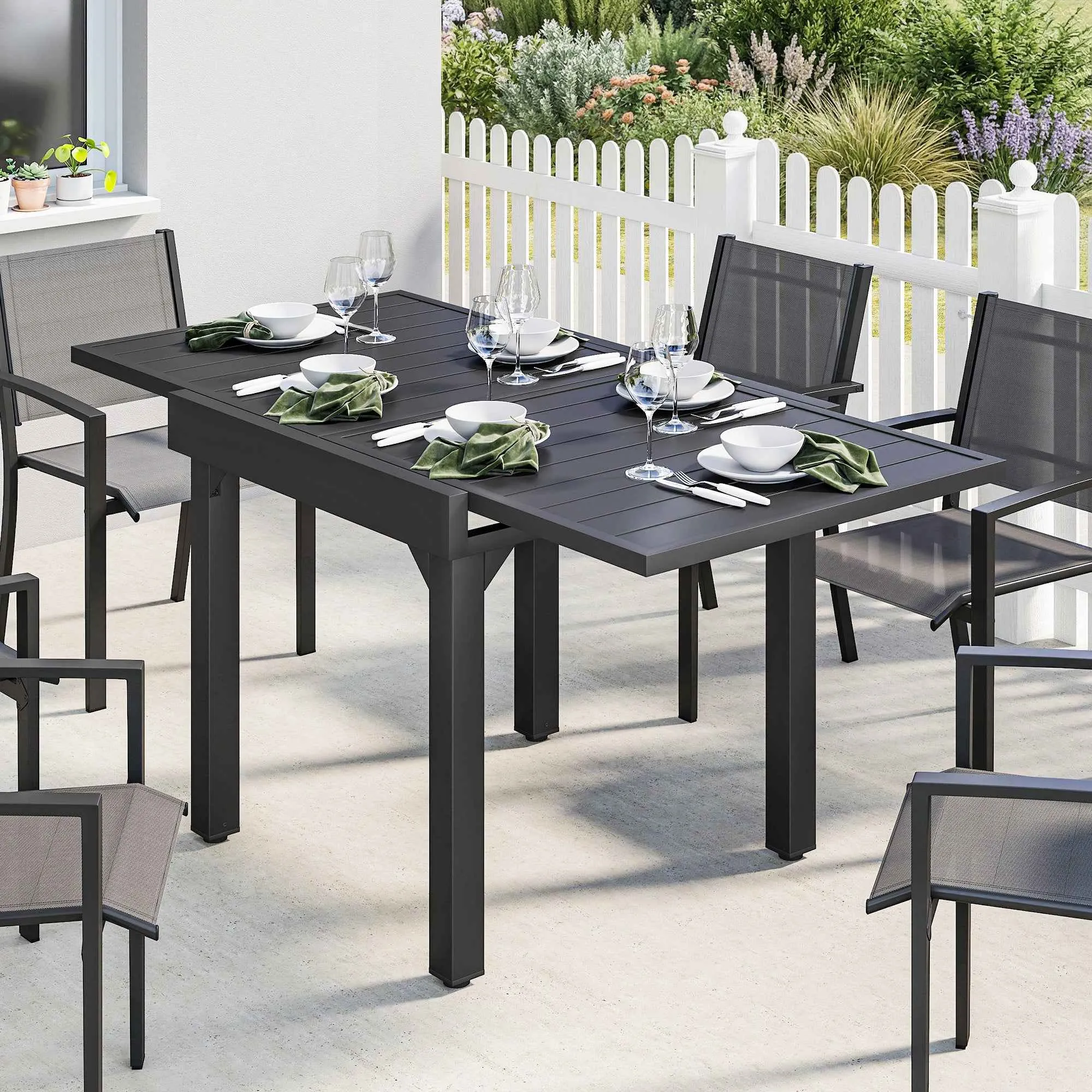 Outsunny Extendable Slatted Garden Table for 4-6 People, Made of Aluminum and Steel, 80/160x80 cm, Black - Image 2