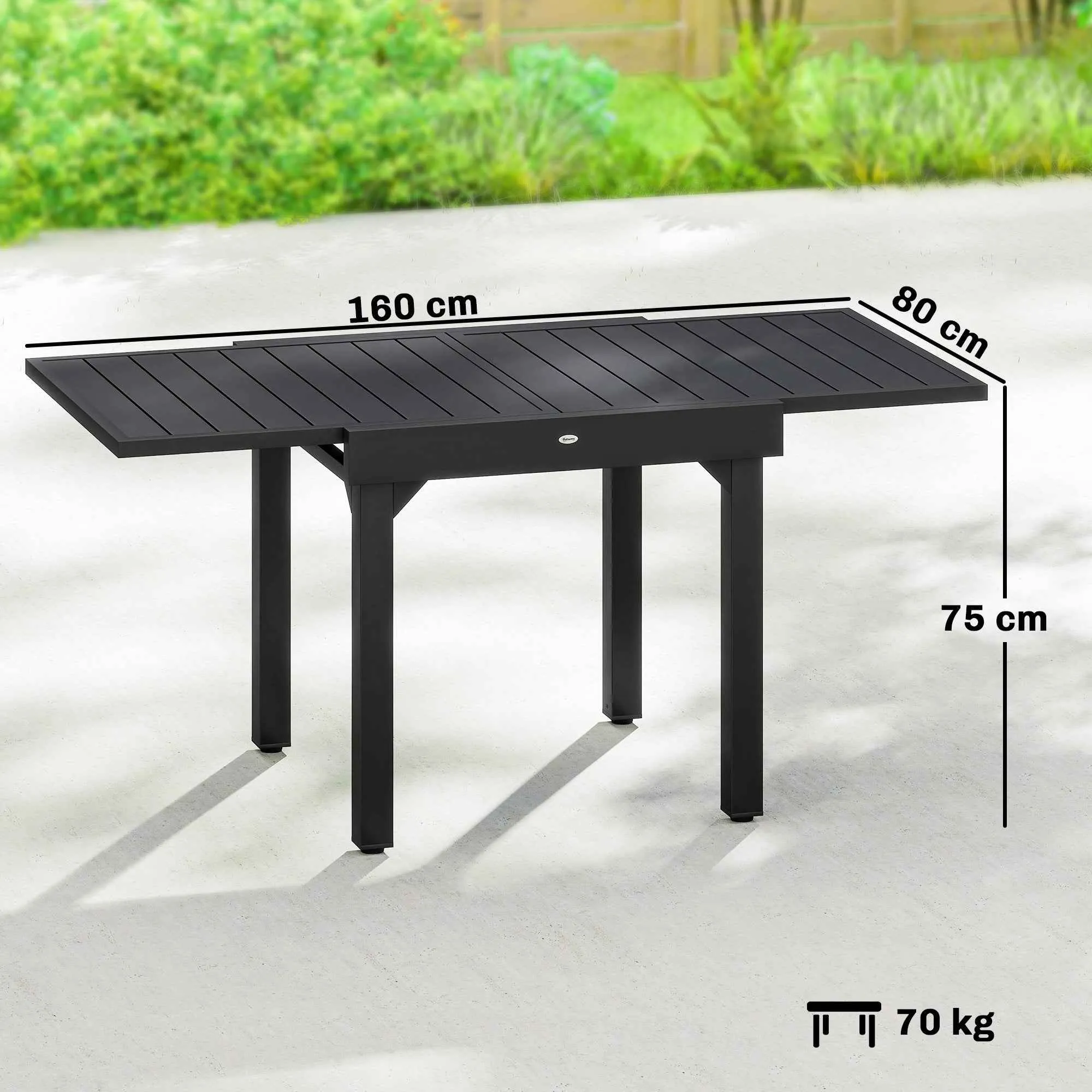 Outsunny Extendable Slatted Garden Table for 4-6 People, Made of Aluminum and Steel, 80/160x80 cm, Black - Image 3