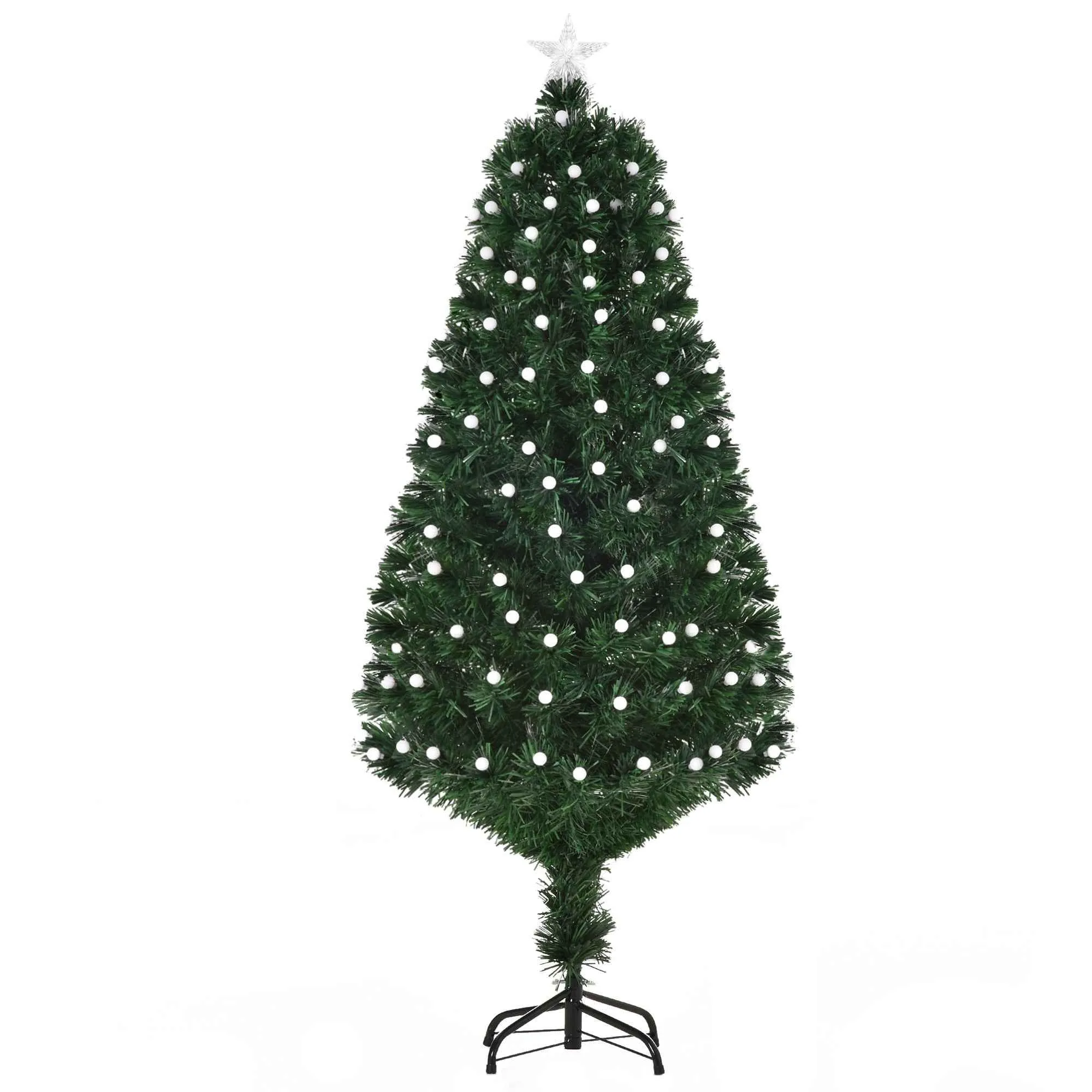 150cm Artificial Christmas Tree with 170 LED Lights and Fiber Optic Lights, Christmas Tree with Built-in Lights and 170 Branches and Foldable Metal Base, Green