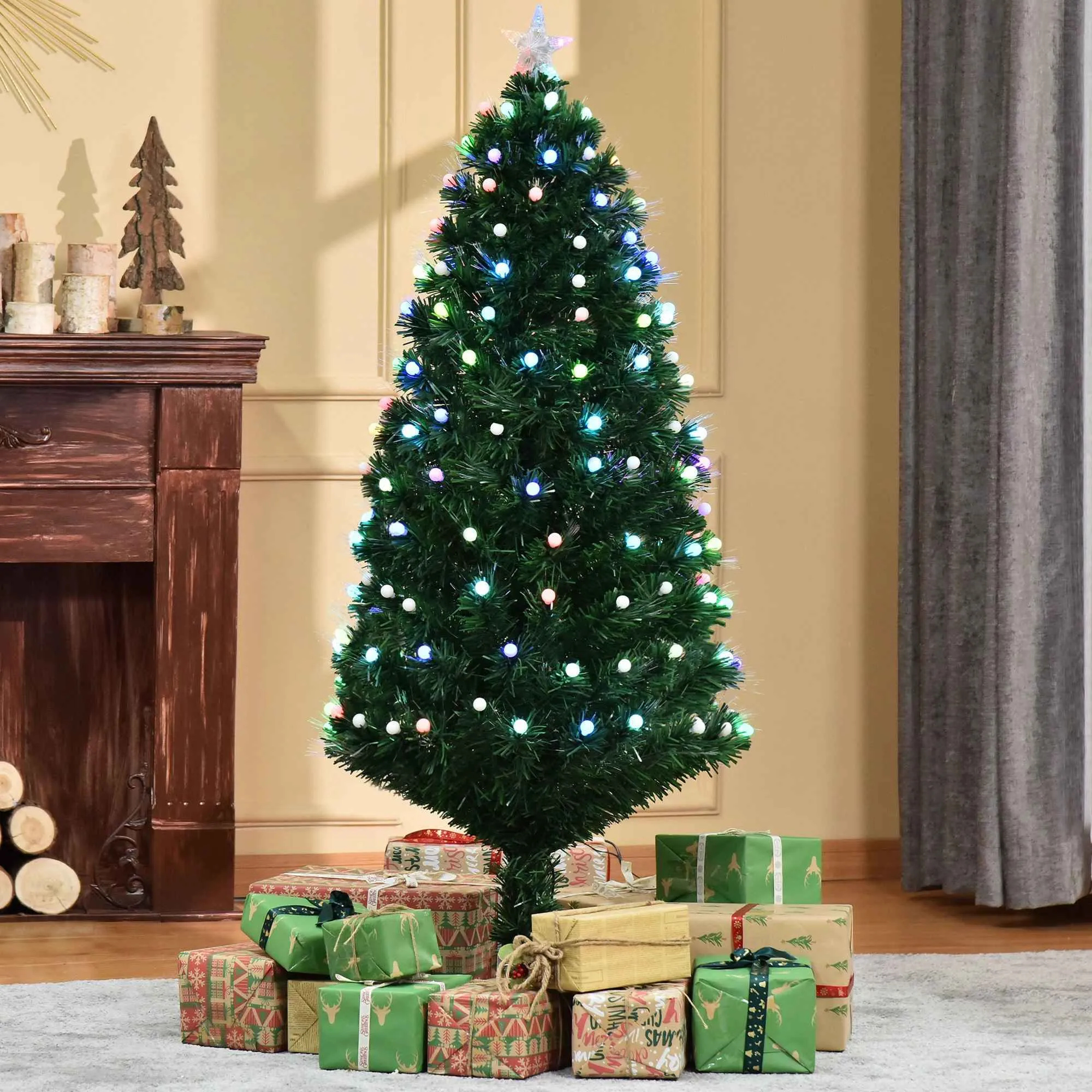 150cm Artificial Christmas Tree with 170 LED Lights and Fiber Optic Lights, Christmas Tree with Built-in Lights and 170 Branches and Foldable Metal Base, Green - Image 2