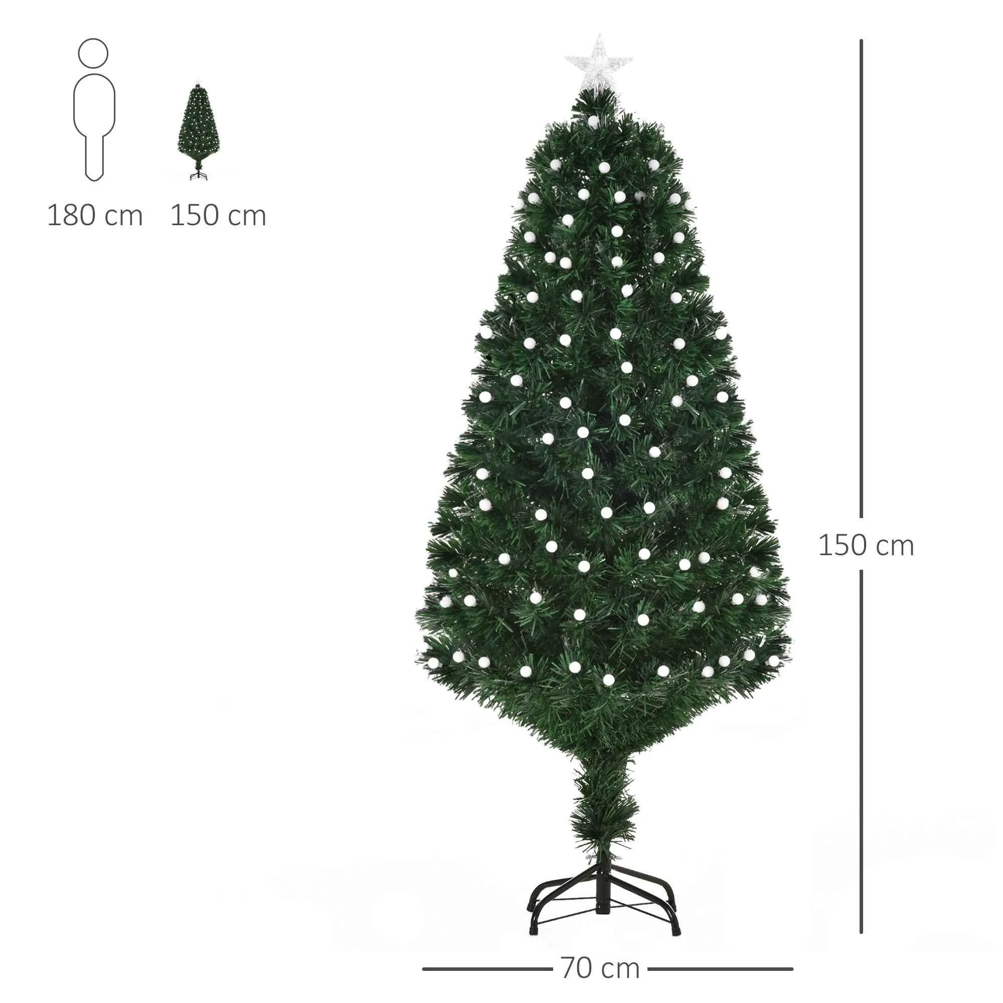 150cm Artificial Christmas Tree with 170 LED Lights and Fiber Optic Lights, Christmas Tree with Built-in Lights and 170 Branches and Foldable Metal Base, Green - Image 3