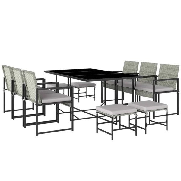 Outsunny 11-Piece Patio Dining Set, Outdoor Furniture with 6 Armchairs, 4 Ottomans, Grey