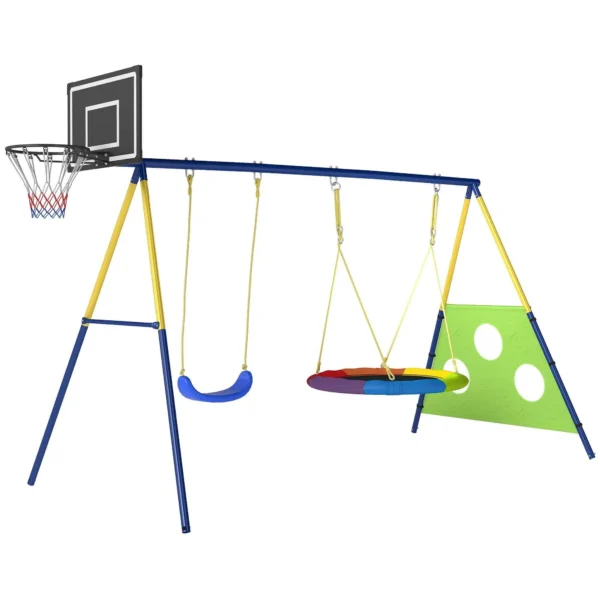 4-in-1 Garden Swing Set for Kids Ages 3-8 with 2 Swings, Basketball Hoop and Soccer Goal