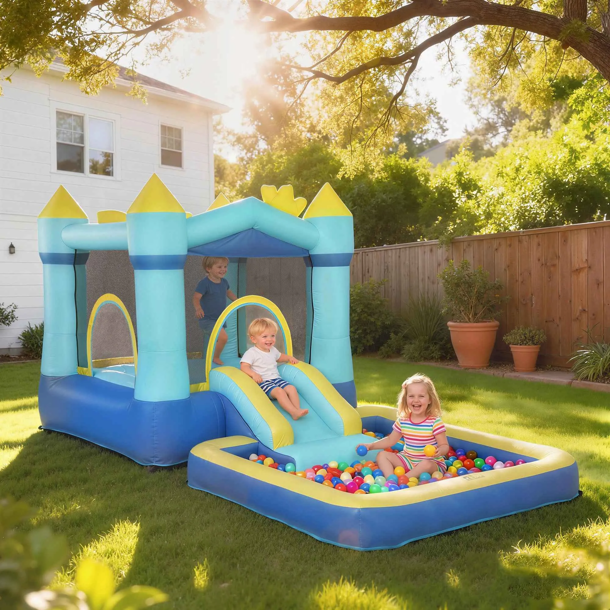 4-in-1 Inflatable Castle for Kids, Slide, Trampoline, Ball Pool/Water Playground, Basketball Hoop, Ages 3-8, Blue - Image 2