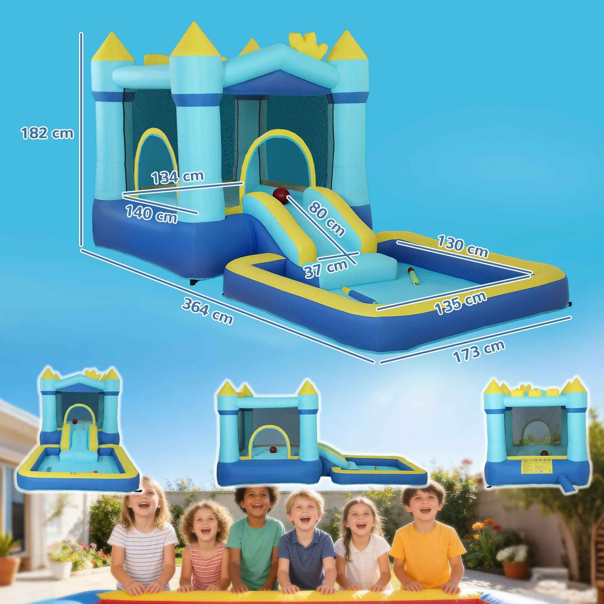 4-in-1 Inflatable Castle for Kids, Slide, Trampoline, Ball Pool/Water Playground, Basketball Hoop, Ages 3-8, Blue - Image 3