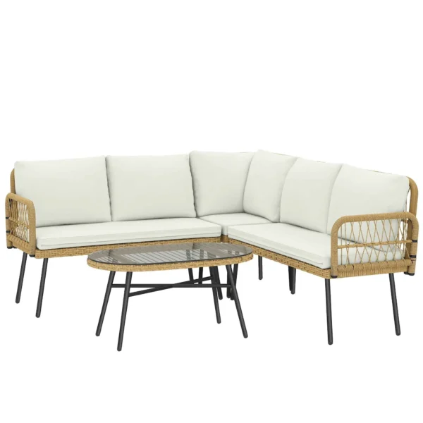 Outsunny 4-Piece Garden Lounge Set with 2 Two-Seater Sofas, Corner Sofa and Coffee Table, Steel and Rattan, Wood and Cream