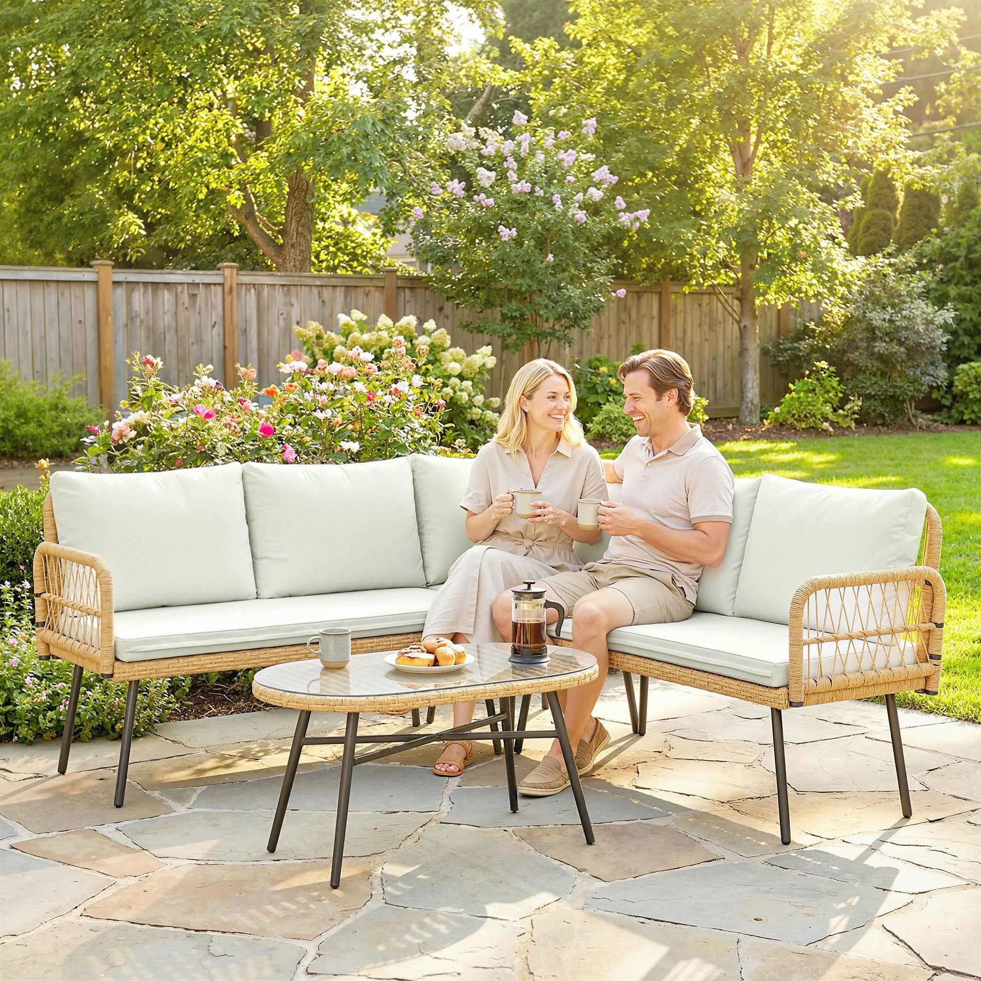 Outsunny 4-Piece Garden Lounge Set with 2 Two-Seater Sofas, Corner Sofa and Coffee Table, Steel and Rattan, Wood and Cream - Image 2