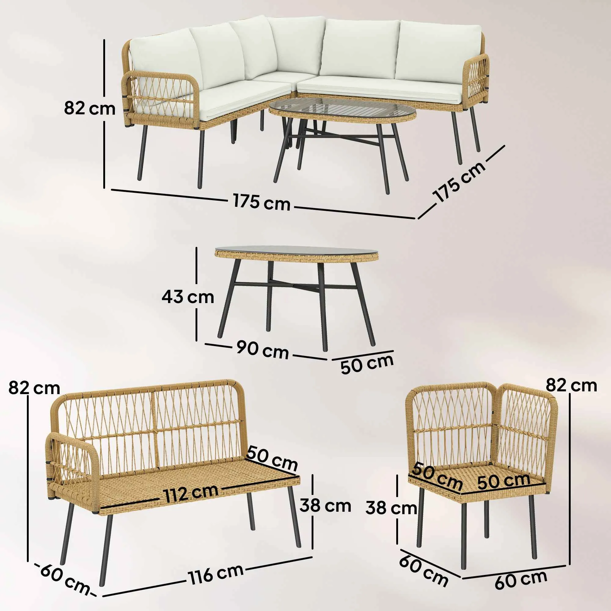 Outsunny 4-Piece Garden Lounge Set with 2 Two-Seater Sofas, Corner Sofa and Coffee Table, Steel and Rattan, Wood and Cream - Image 3