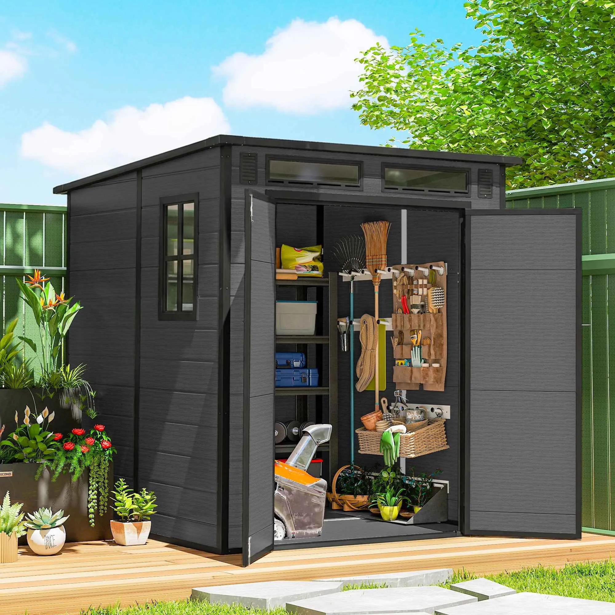 Garden Shed with 2 Entrances, 3 Windows and Air Vents, in PP and Aluminum, 182x182x196 cm, Dark Grey - Image 2