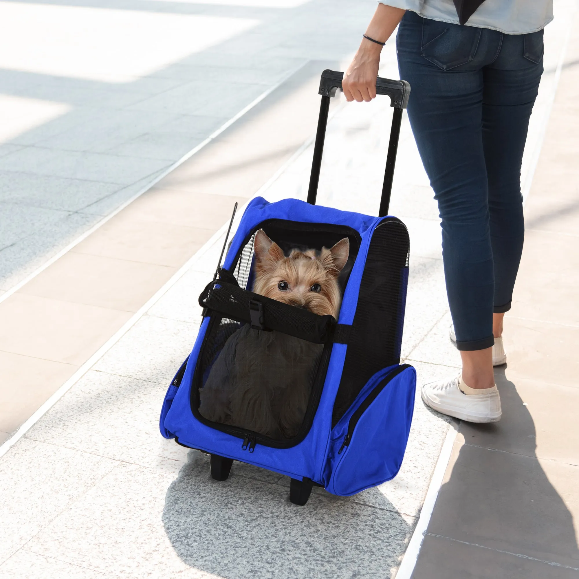 2-in-1 Dog and Cat Carrier Backpack with Side Pockets, Telescopic Handle and Wheels, 42x25x55cm, Blue - Image 2