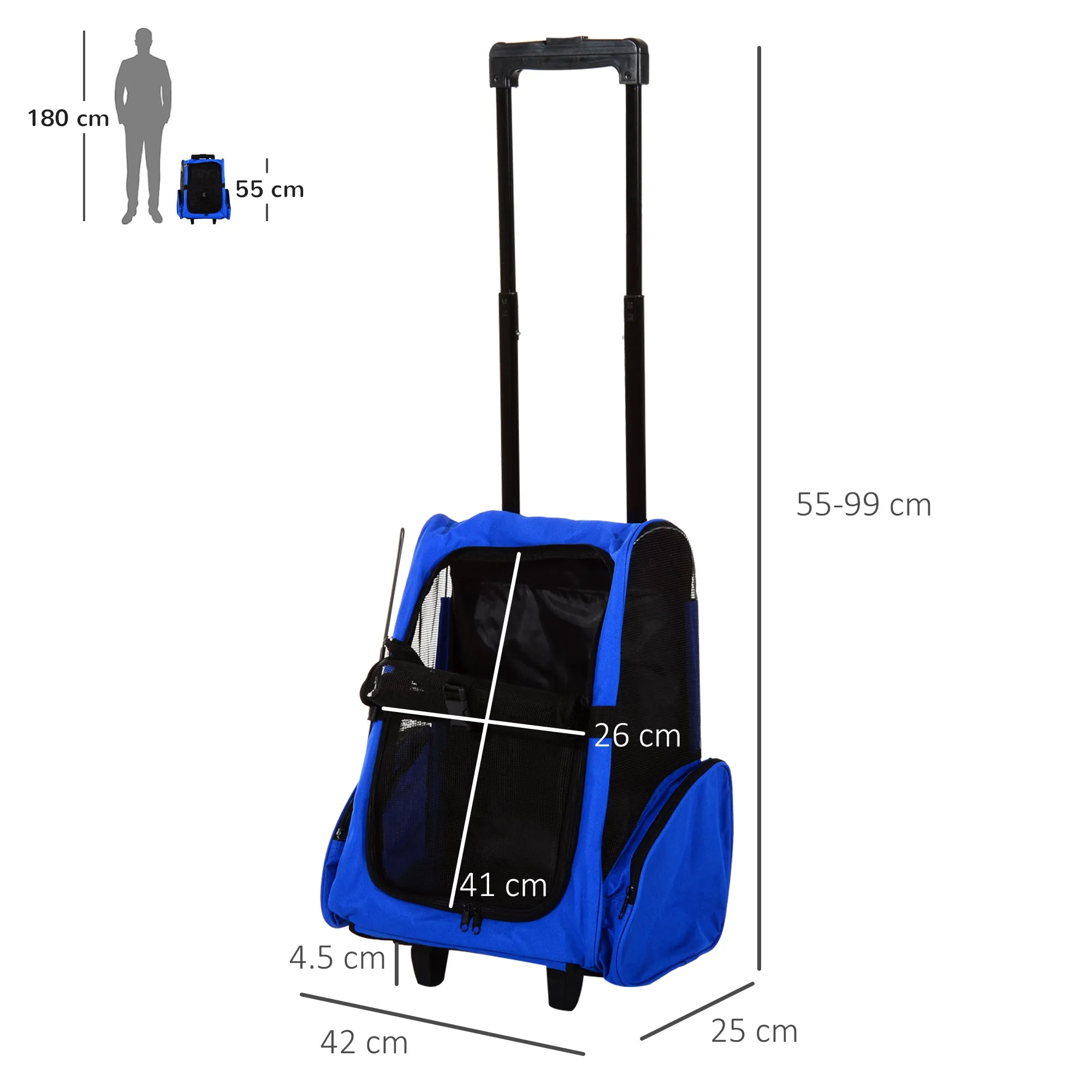 2-in-1 Dog and Cat Carrier Backpack with Side Pockets, Telescopic Handle and Wheels, 42x25x55cm, Blue - Image 3