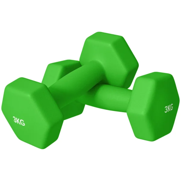 SPORTNOW Set of 2 Dumbbells 3 kg Hexagonal and Non-slip for Home and Gym, in Metal and Plastic, 18x8x8 cm, Green