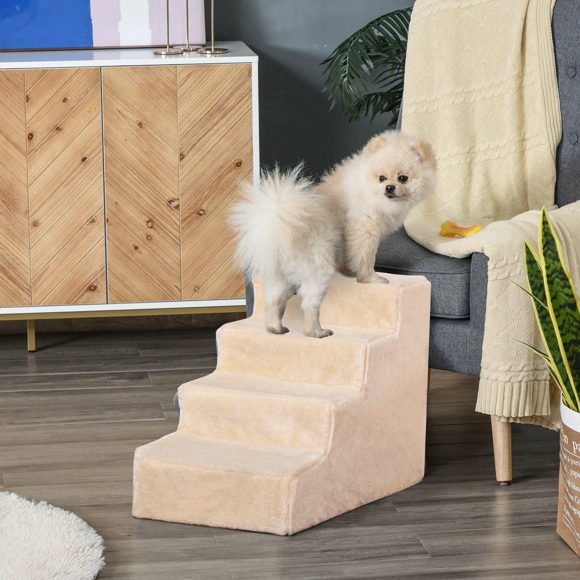 Portable 4-Step Dog Stairs, Removable Flannel and Chipboard, 60x35x44 cm, Beige - Image 2