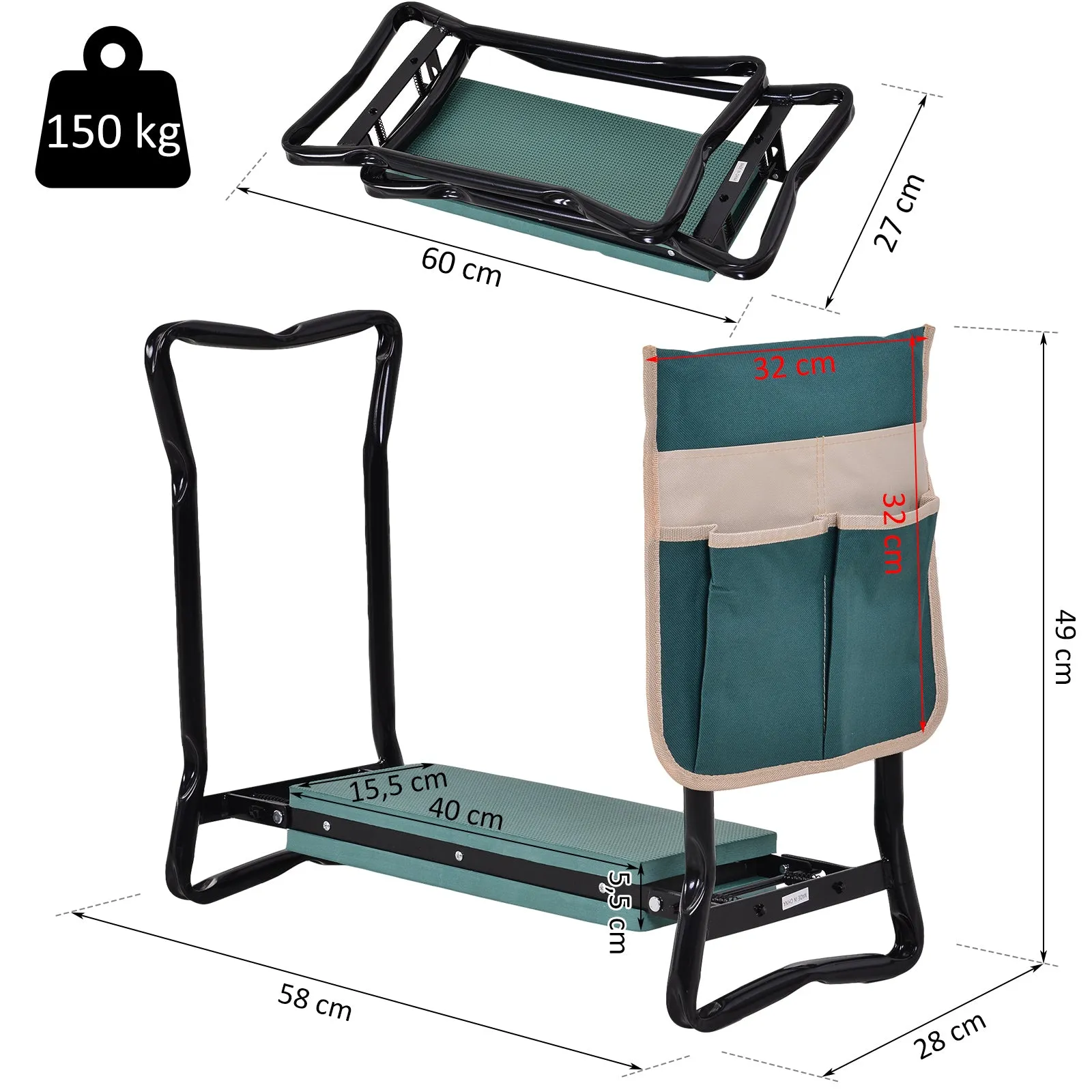 2 in 1 Folding Garden Kneeler Bench with EVA Cushions and Storage Bag, Green and Black - Image 3