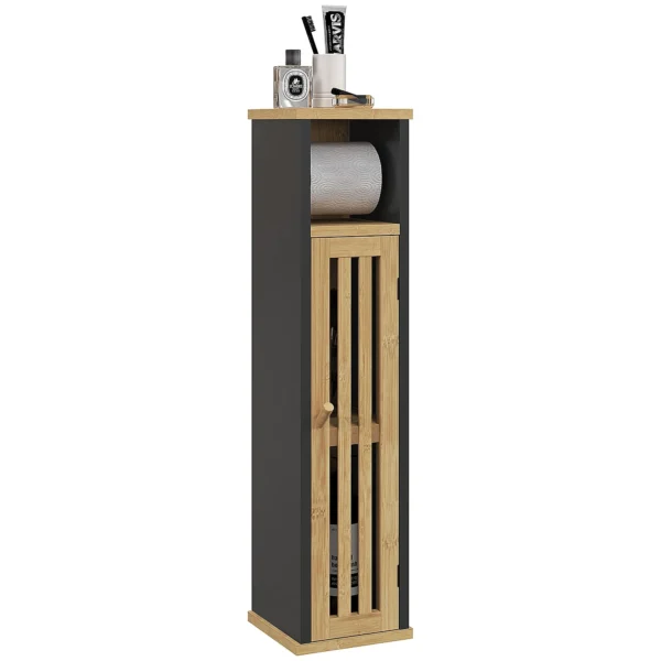 Bathroom Cabinet with Open Shelf and Cabinet, in Bamboo and MDF, 18x18x75 cm, Black and Wood color