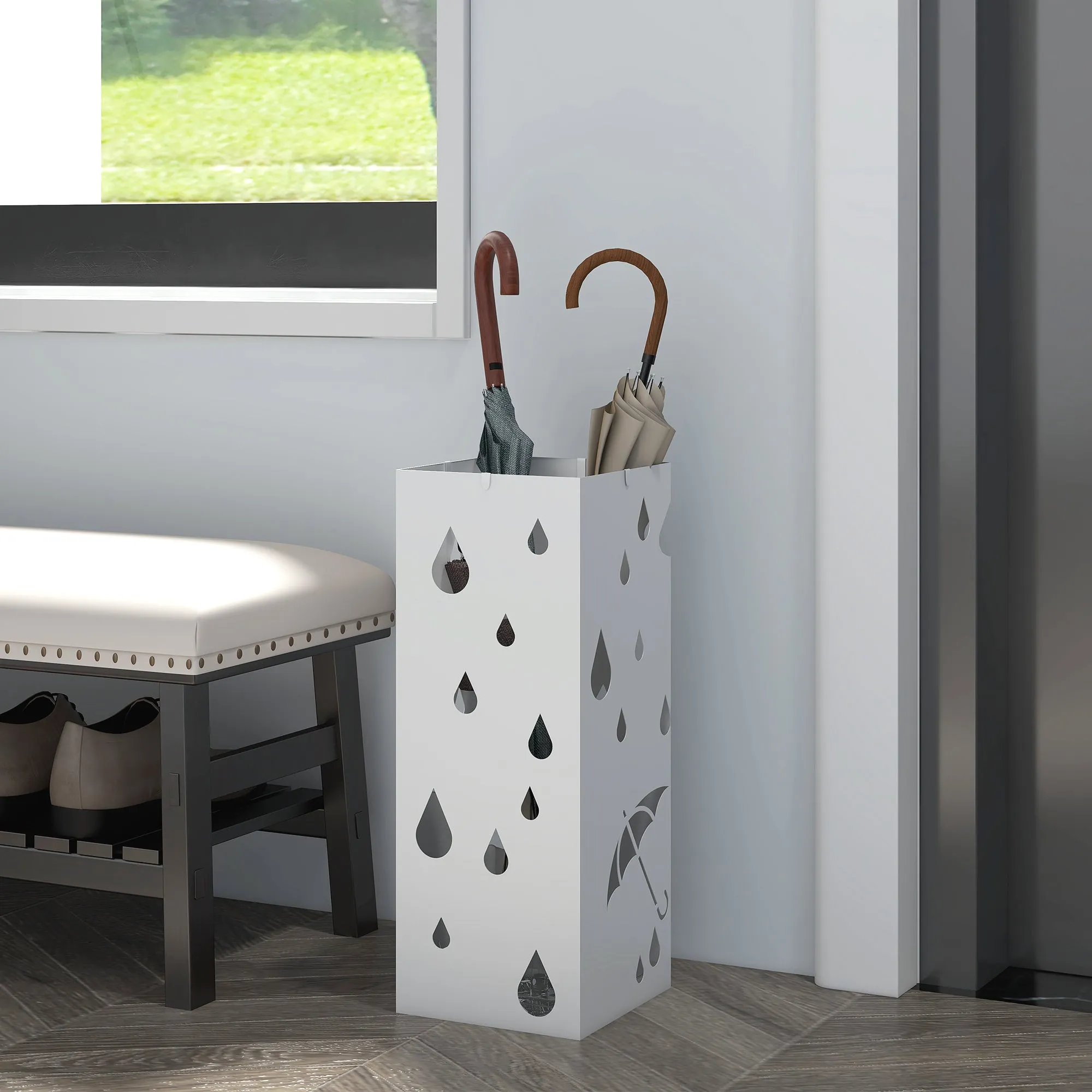 Metal Umbrella Stand with 4 Hooks and Drip Tray, 15.5x15. 5x41cm, White - Image 2