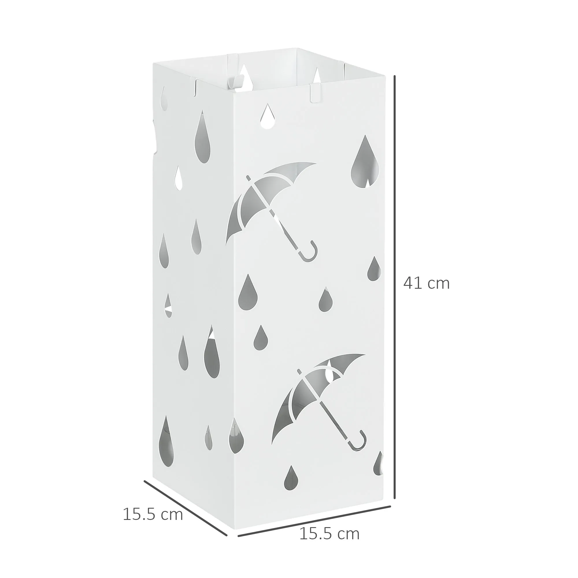 Metal Umbrella Stand with 4 Hooks and Drip Tray, 15.5x15. 5x41cm, White - Image 3