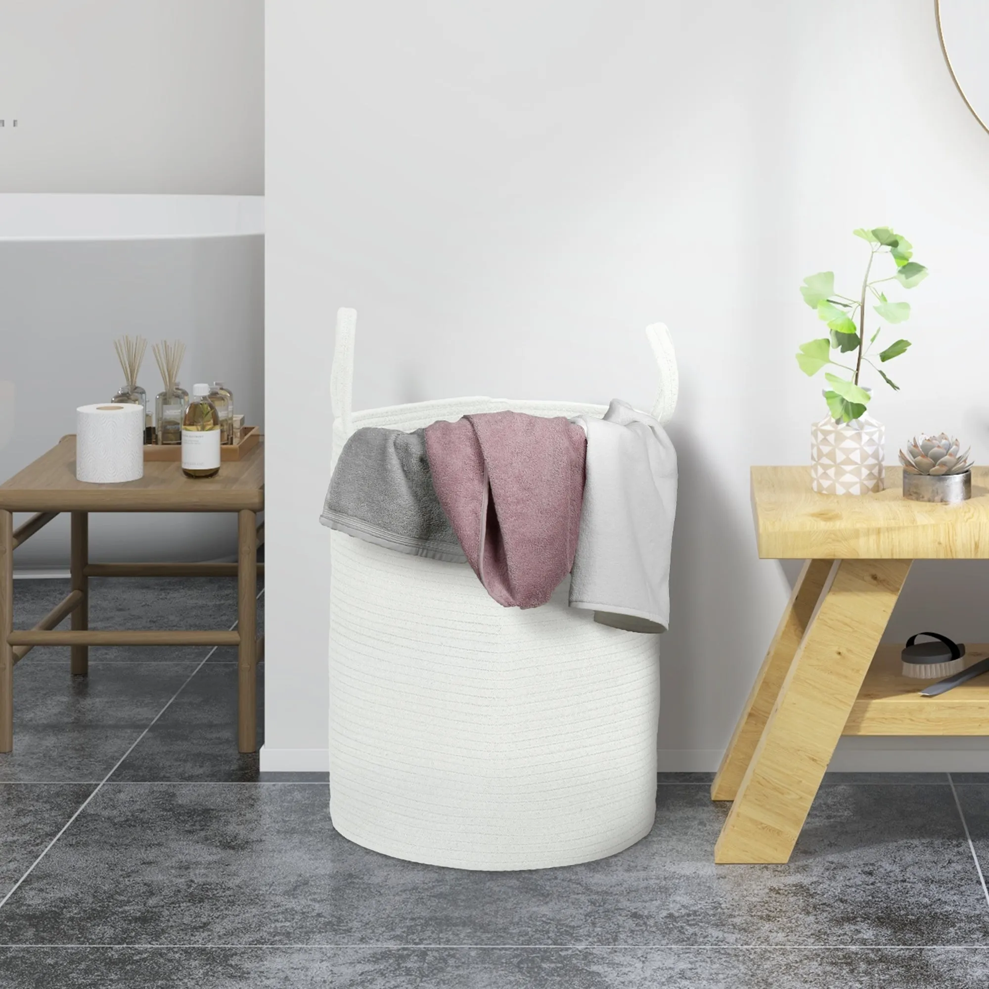 Portable and Foldable 36L Laundry Basket with Natural Cotton Handles, Ø38x45 cm, Cream - Image 2