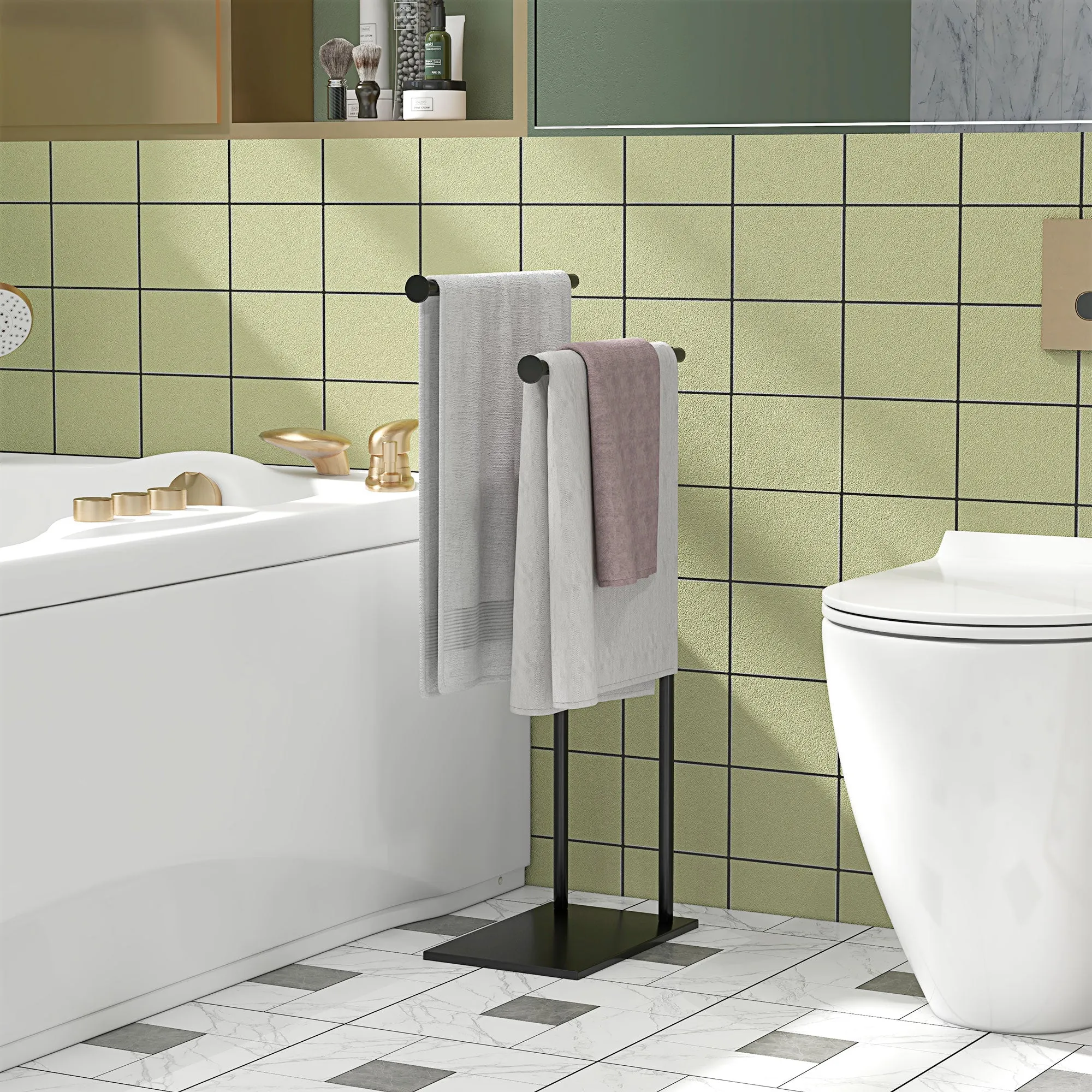 Freestanding Bathroom Towel Holder with 2 Metal Arms, 35.5x20x78cm, Black - Image 2