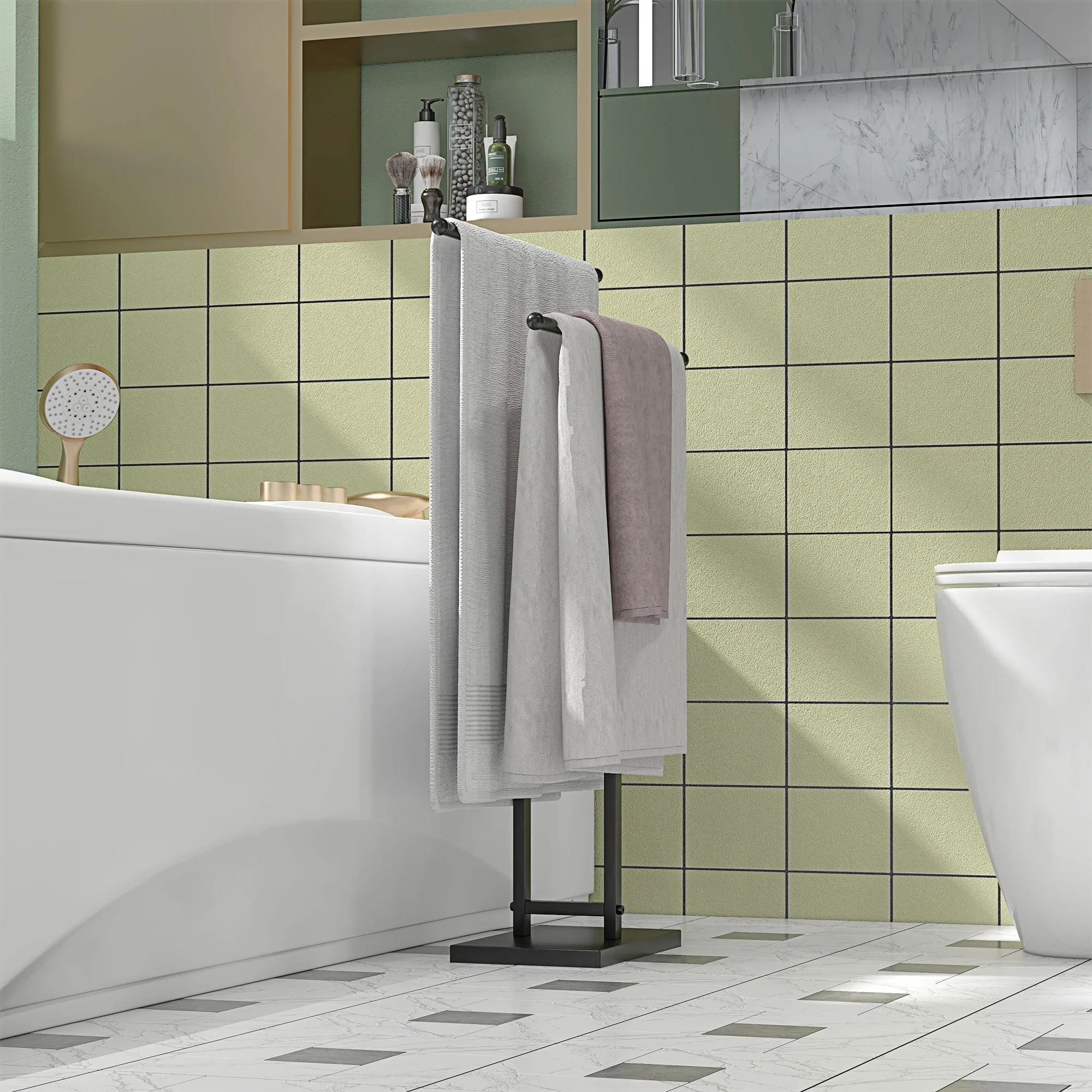 Freestanding Towel Holder for Bathroom with 2 Metal Bars, 50x18. 5x85cm, Black - Image 2