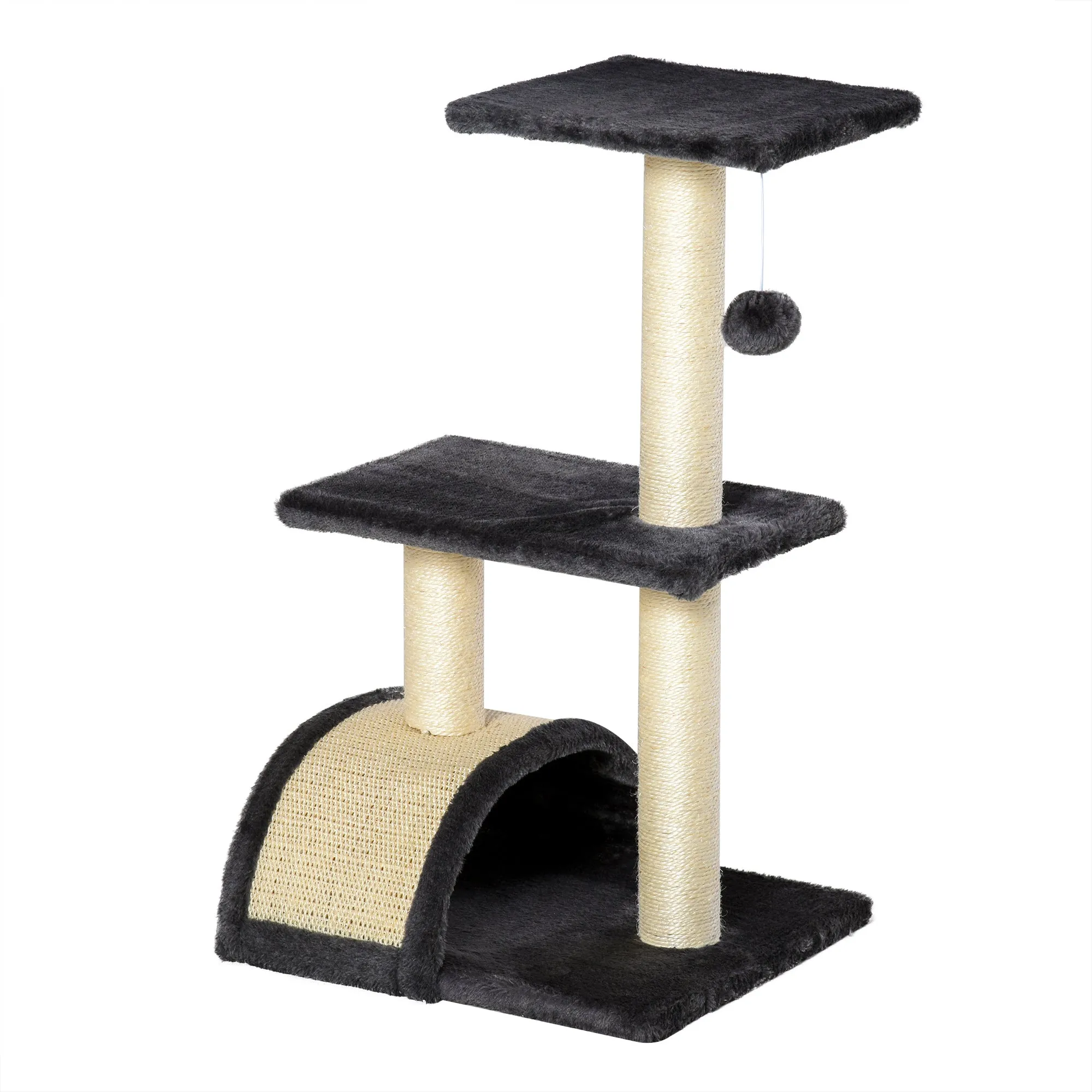 3-Tier Cat Tree with Arched Scratching Mat, Made of Wood, Plush and Sisal, 40x35x72 cm, Grey