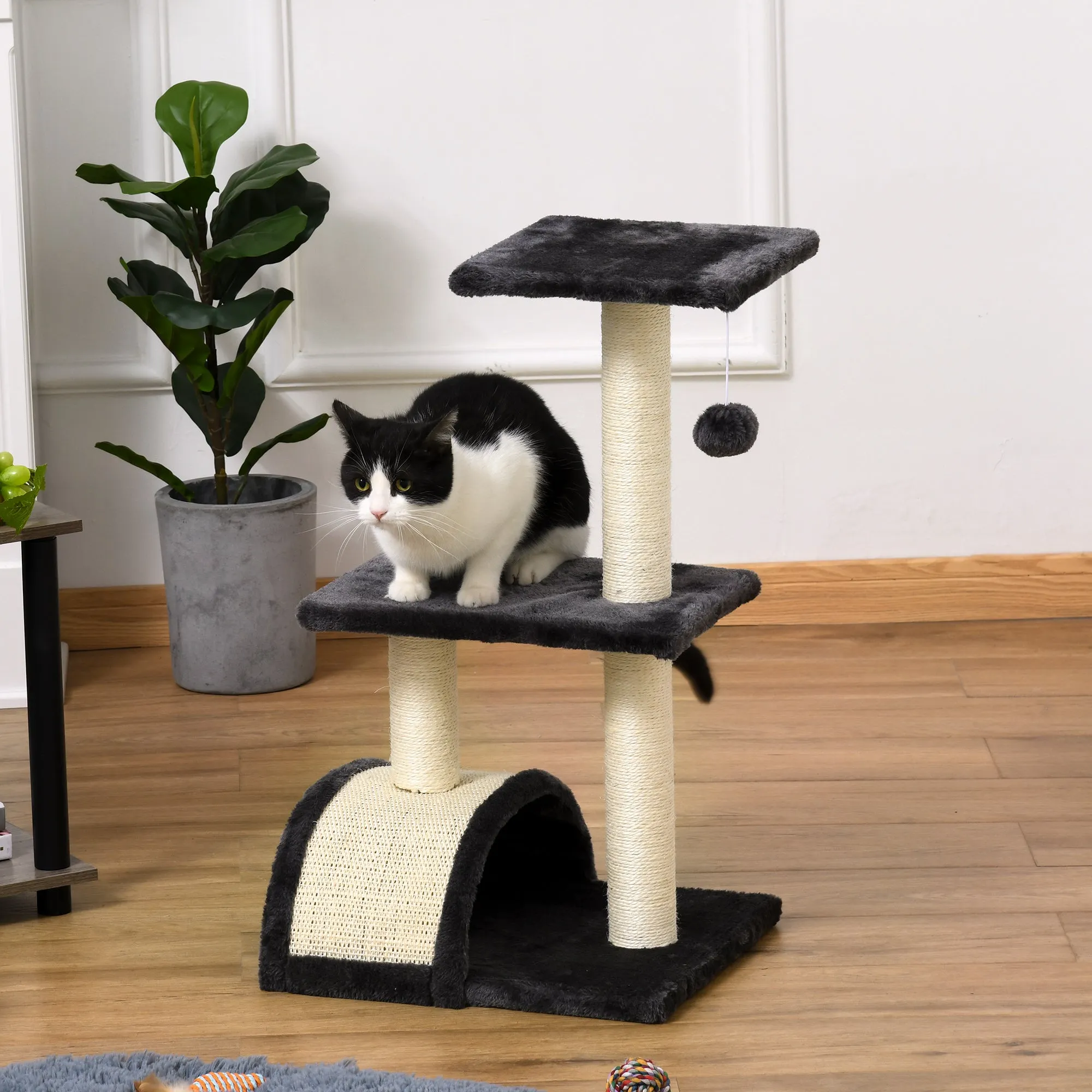 3-Tier Cat Tree with Arched Scratching Mat, Made of Wood, Plush and Sisal, 40x35x72 cm, Grey - Image 2