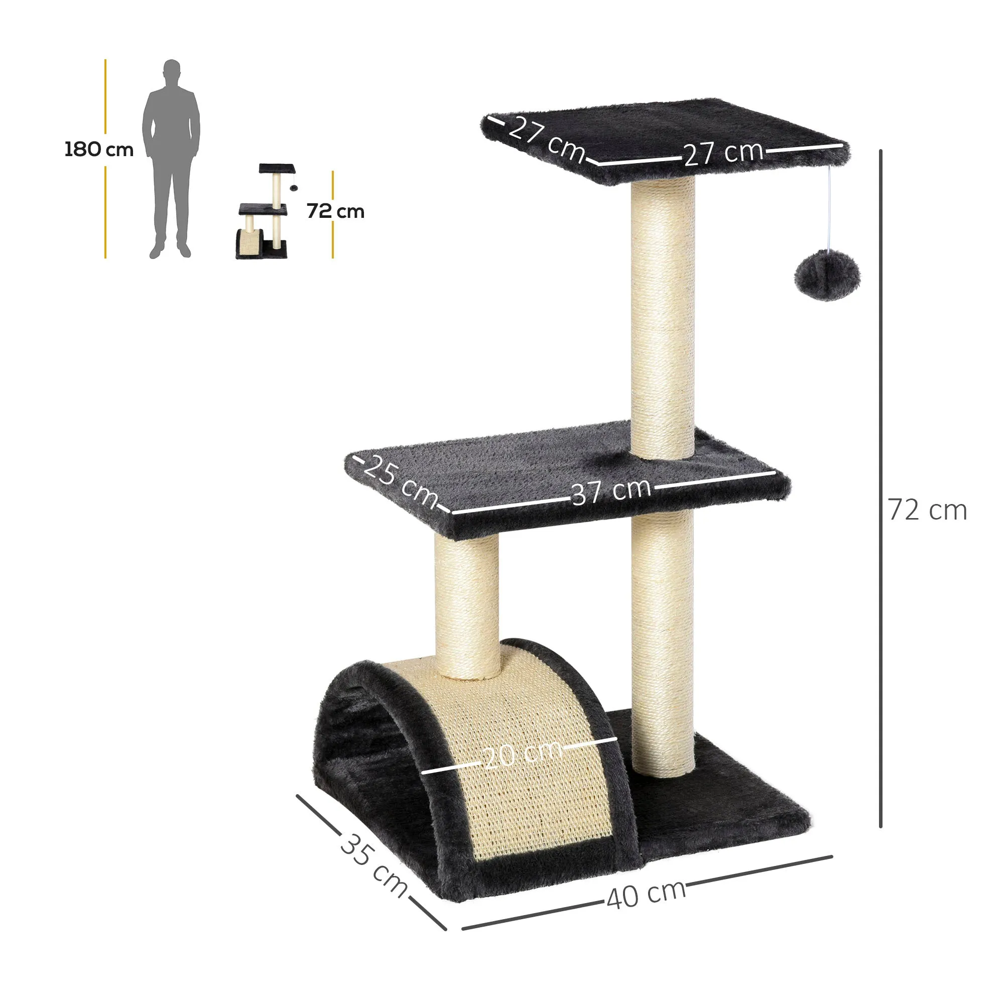 3-Tier Cat Tree with Arched Scratching Mat, Made of Wood, Plush and Sisal, 40x35x72 cm, Grey - Image 3