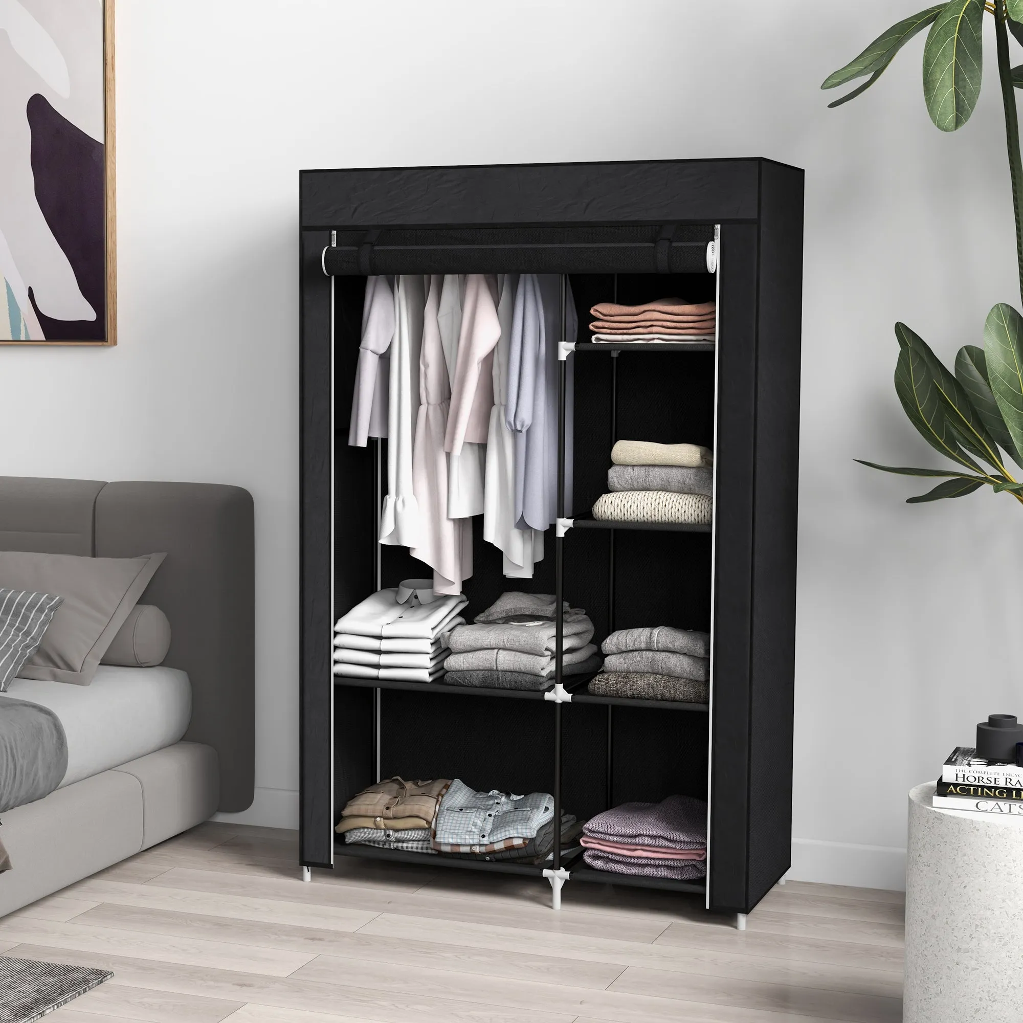 Portable Fabric Wardrobe with 6 Open Shelves and a Hanger, 103x43x162.5 cm, Black - Image 2