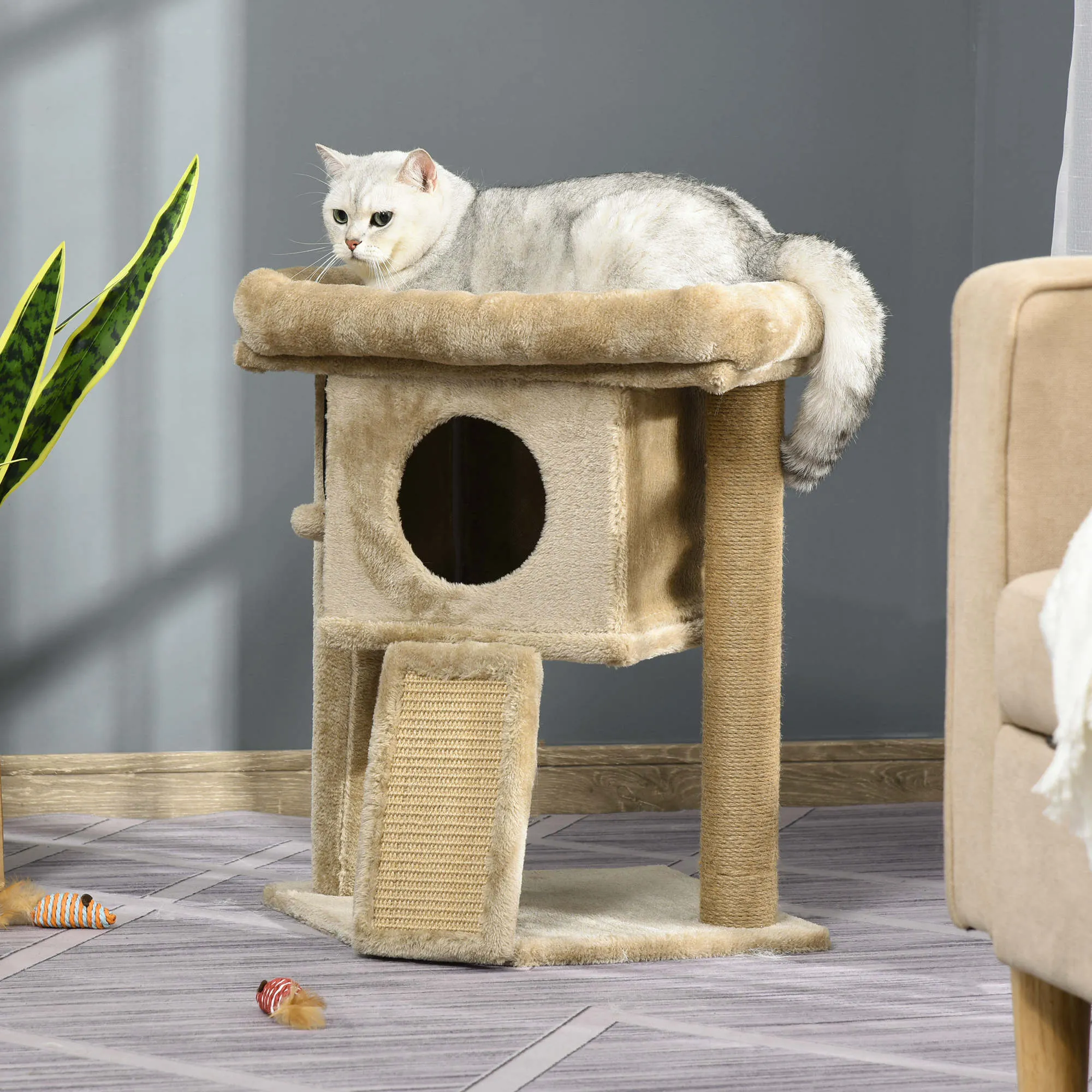 Plush Cat Tree with Cat House and Bed, Jute Scratching Post and Ball, Brown - Image 2