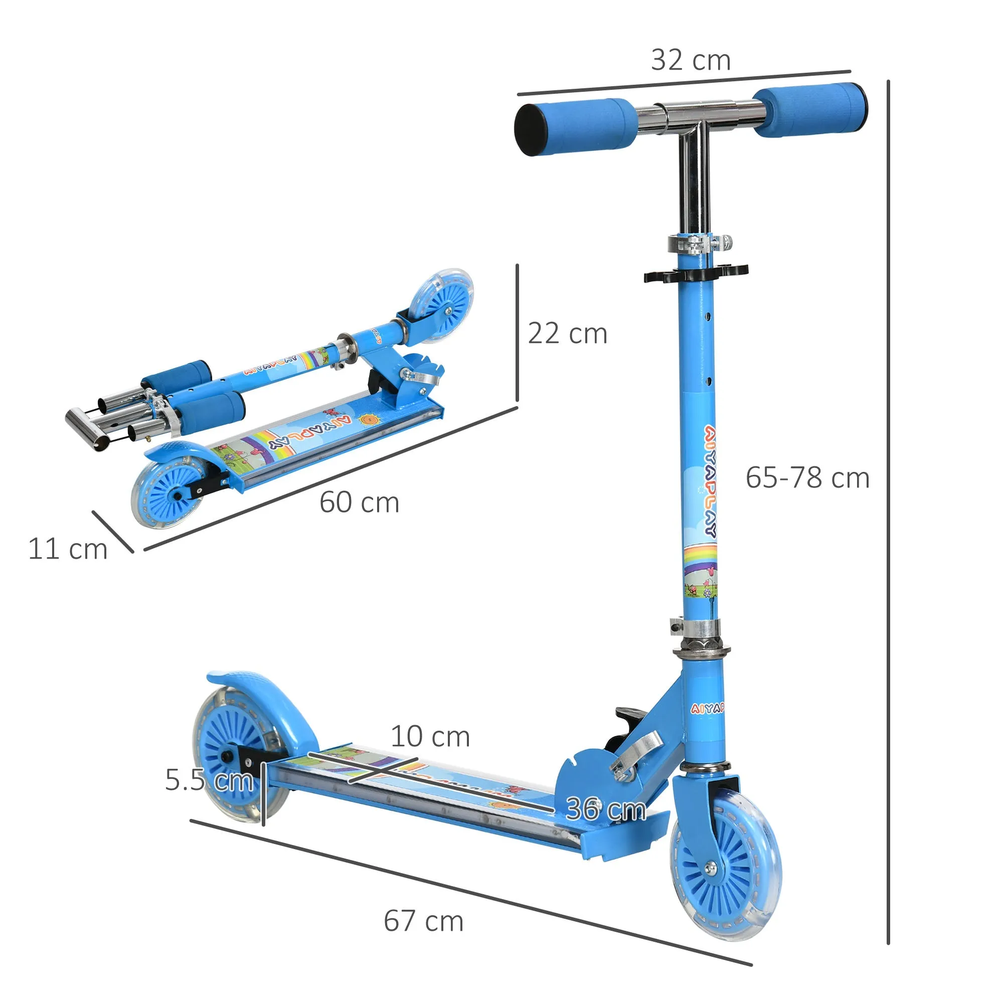 Children's Scooter 3-7 Years Foldable 2 Wheels and Adjustable Height, 67x32x65-78 cm, Blue - Image 3