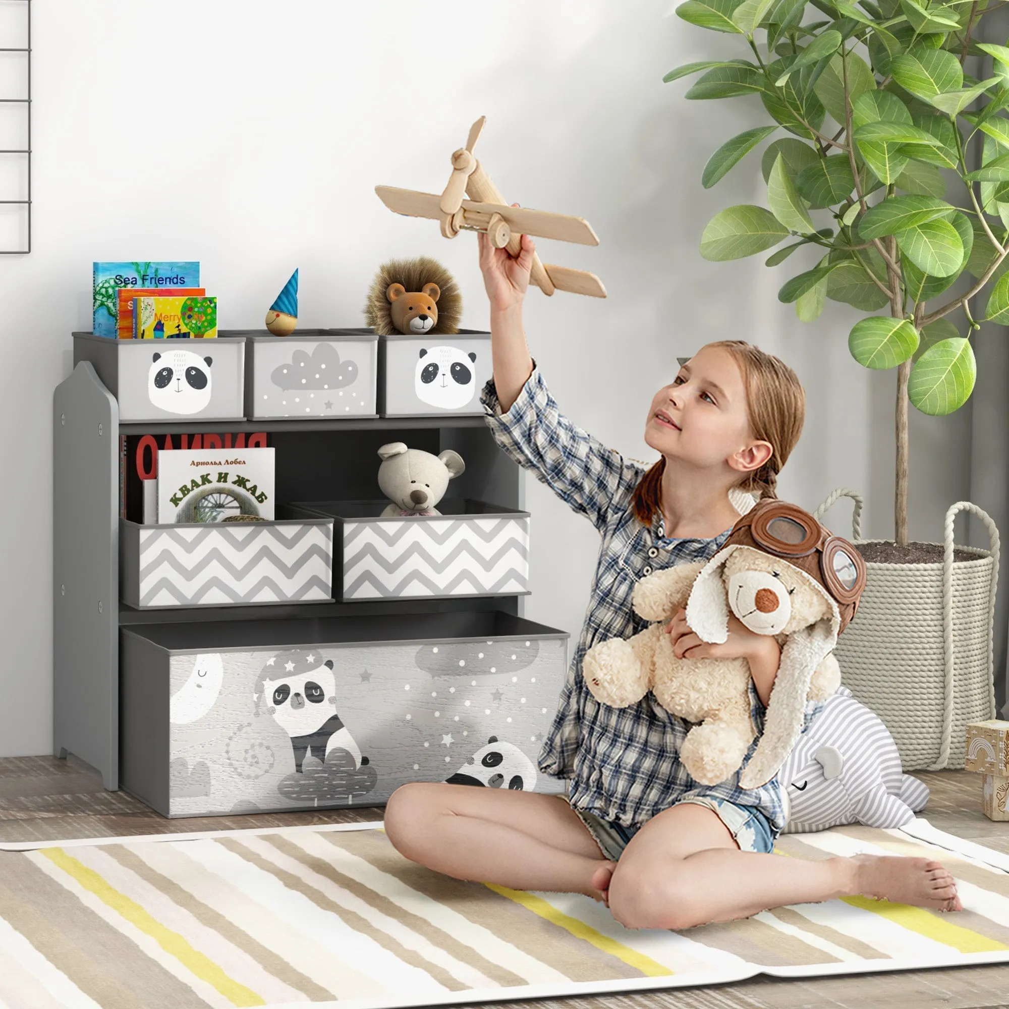 Children's Toy Storage Unit with 6 Removable Fabric Bins, 63x30x66cm, Grey - Image 2