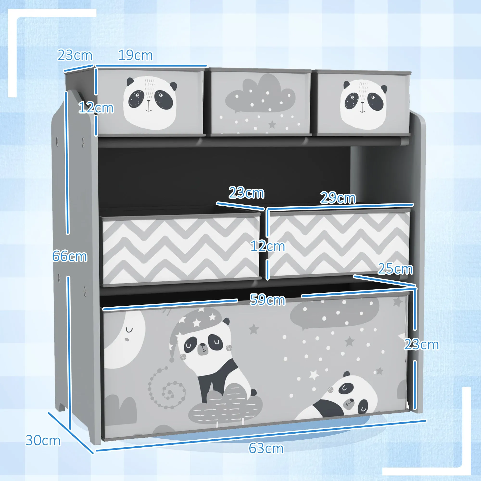 Children's Toy Storage Unit with 6 Removable Fabric Bins, 63x30x66cm, Grey - Image 3