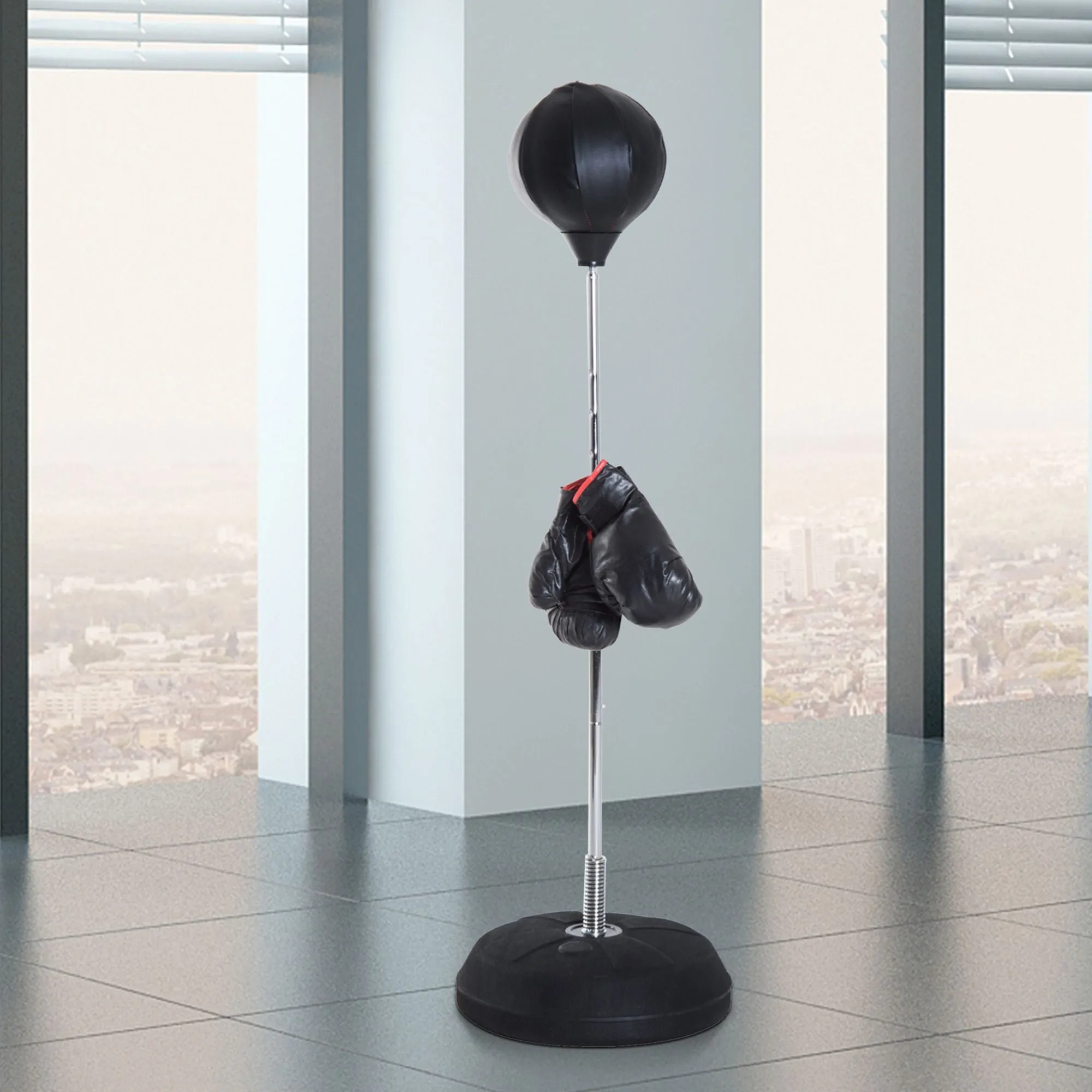 Floor Punching Ball with Gloves, Adjustable Height 126-144 cm and Fillable Base, Black - Image 2