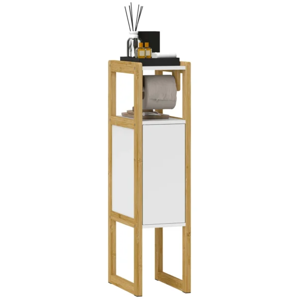Space-Saving Bathroom Cabinet with Toilet Paper Holder, Cabinet and Bamboo Shelf, 20x33x80cm, White