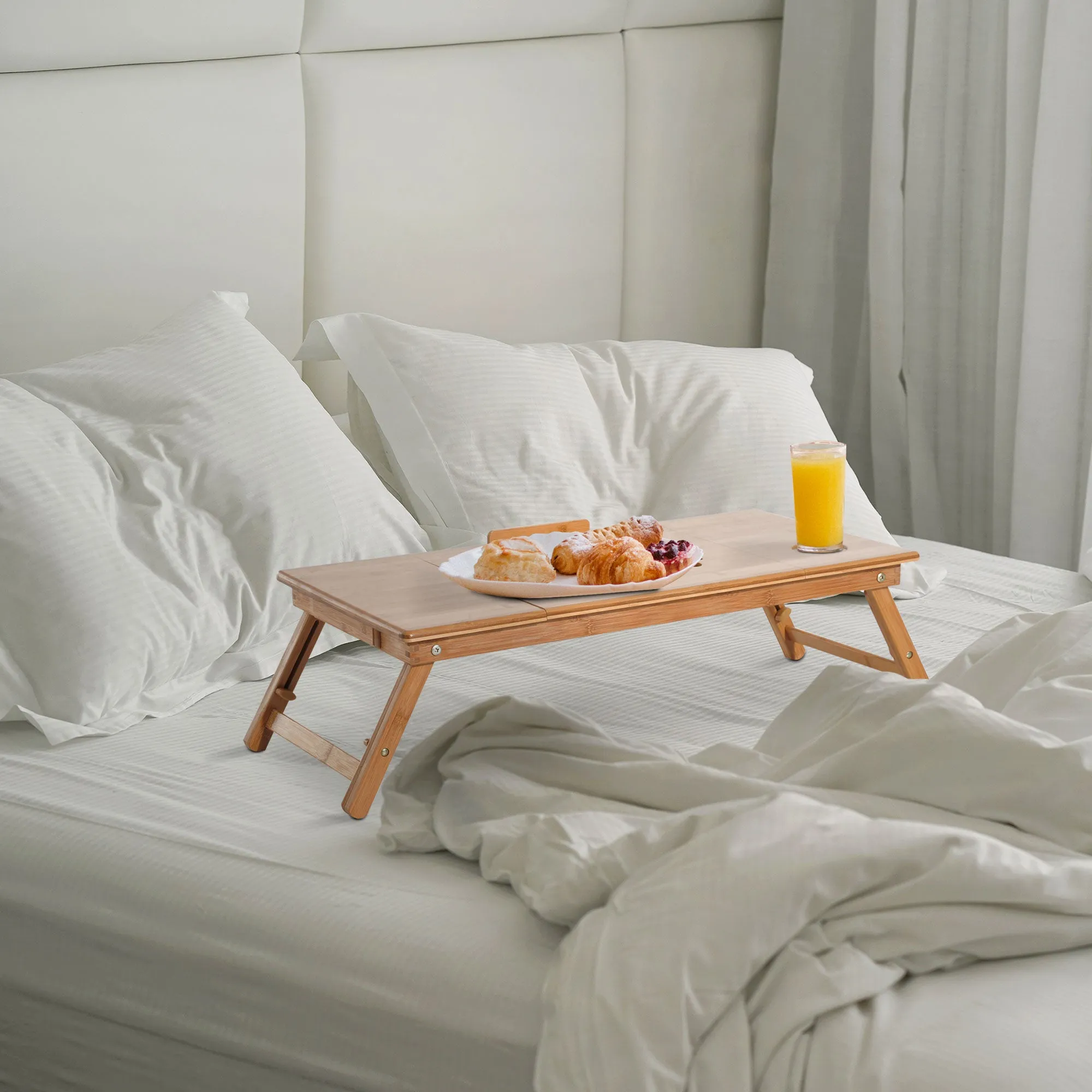 Folding and Tilting PC Bed Table with Drawer, 72x35x22-30, Wood Color - Image 2