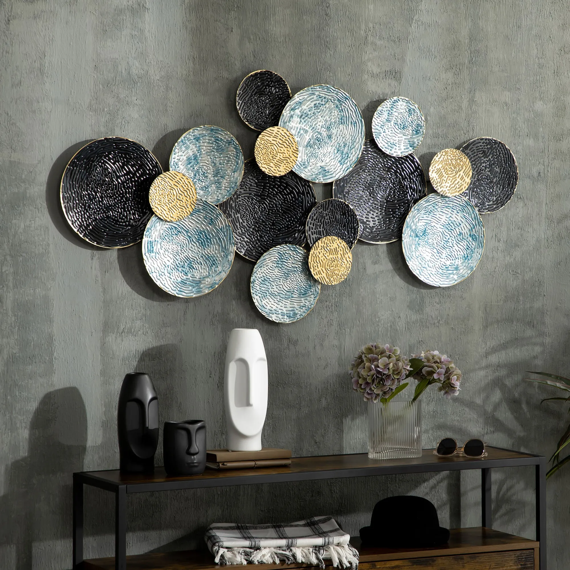 3D Metal Wall Decoration, Circle Wall Art 133x66cm, Blue, Black and Gold - Image 2
