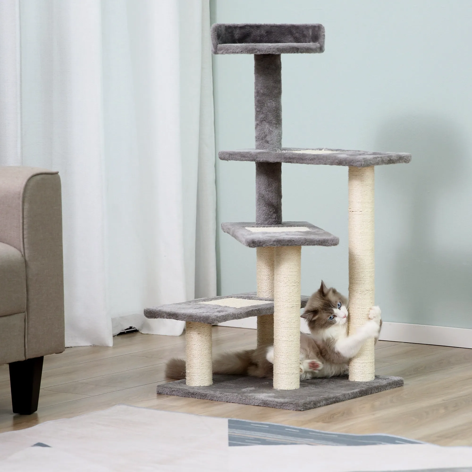 100cm Cat Scratching Post with Round Bed, Sisal Posts and Plush Lining, Grey - Image 2