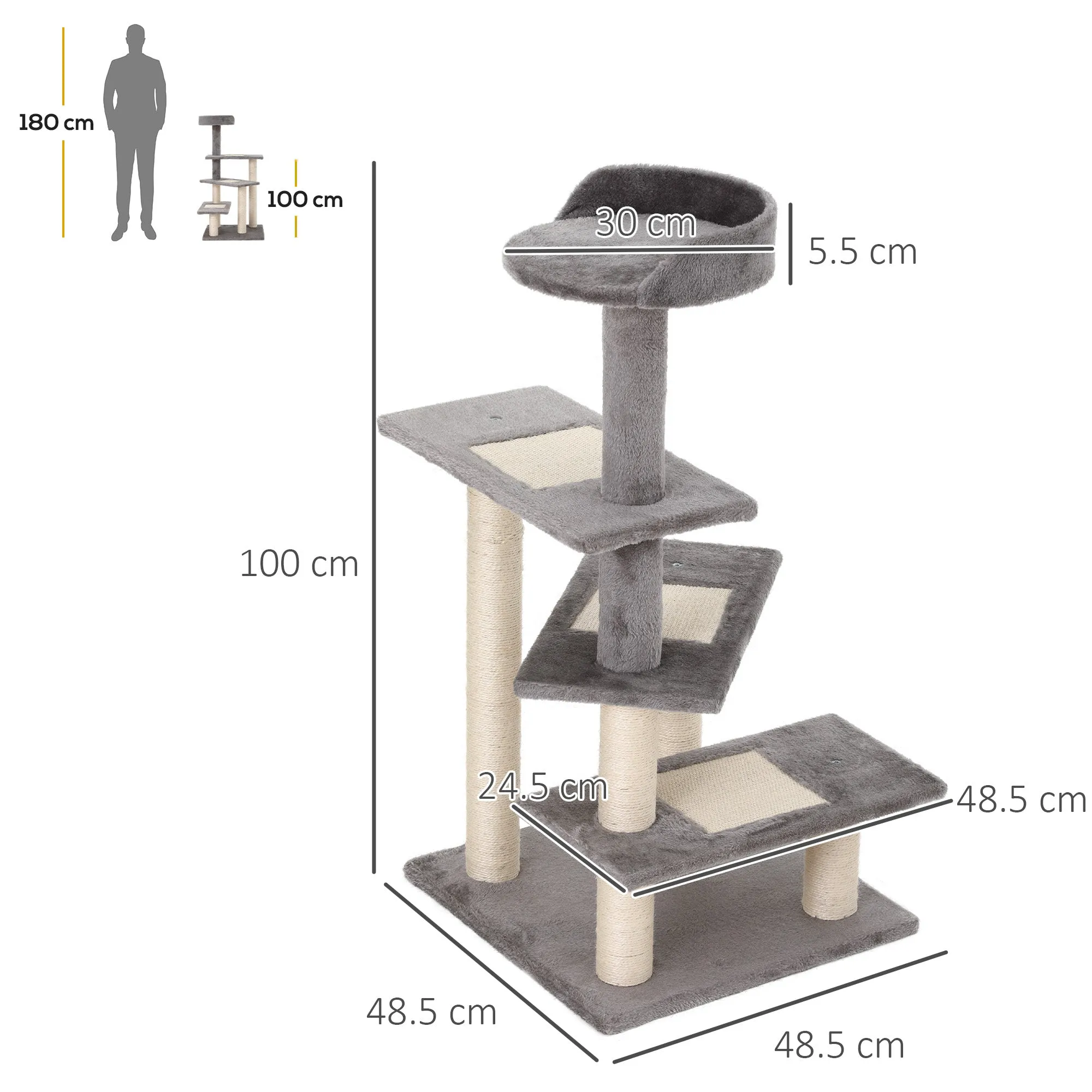 100cm Cat Scratching Post with Round Bed, Sisal Posts and Plush Lining, Grey - Image 3