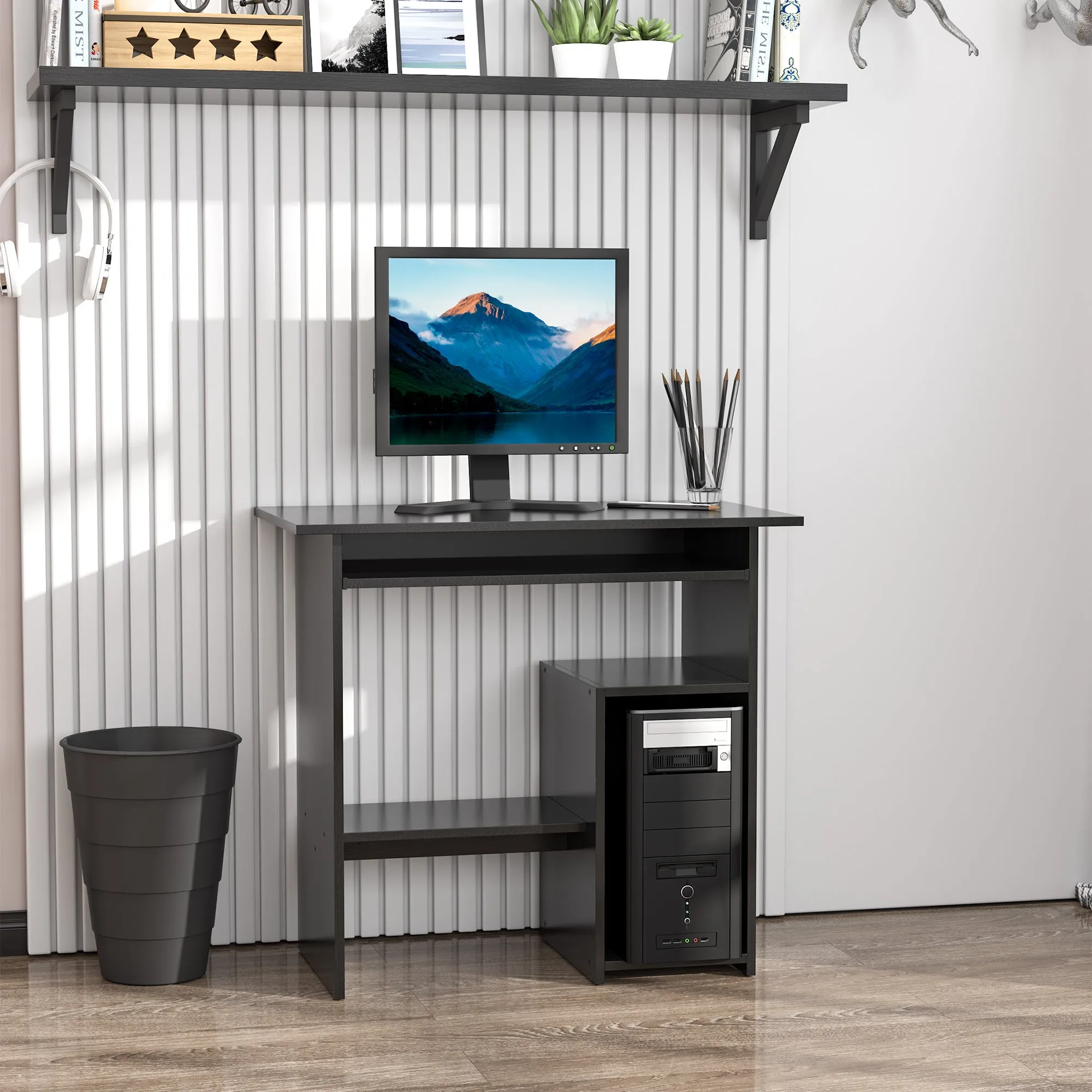 Modern Wooden PC Desk with CPU Shelf and Pull-out Keyboard Space, 80x45x75 cm, Black - Image 2
