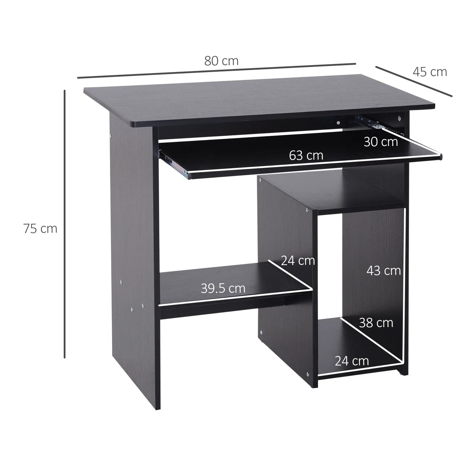 Modern Wooden PC Desk with CPU Shelf and Pull-out Keyboard Space, 80x45x75 cm, Black - Image 3