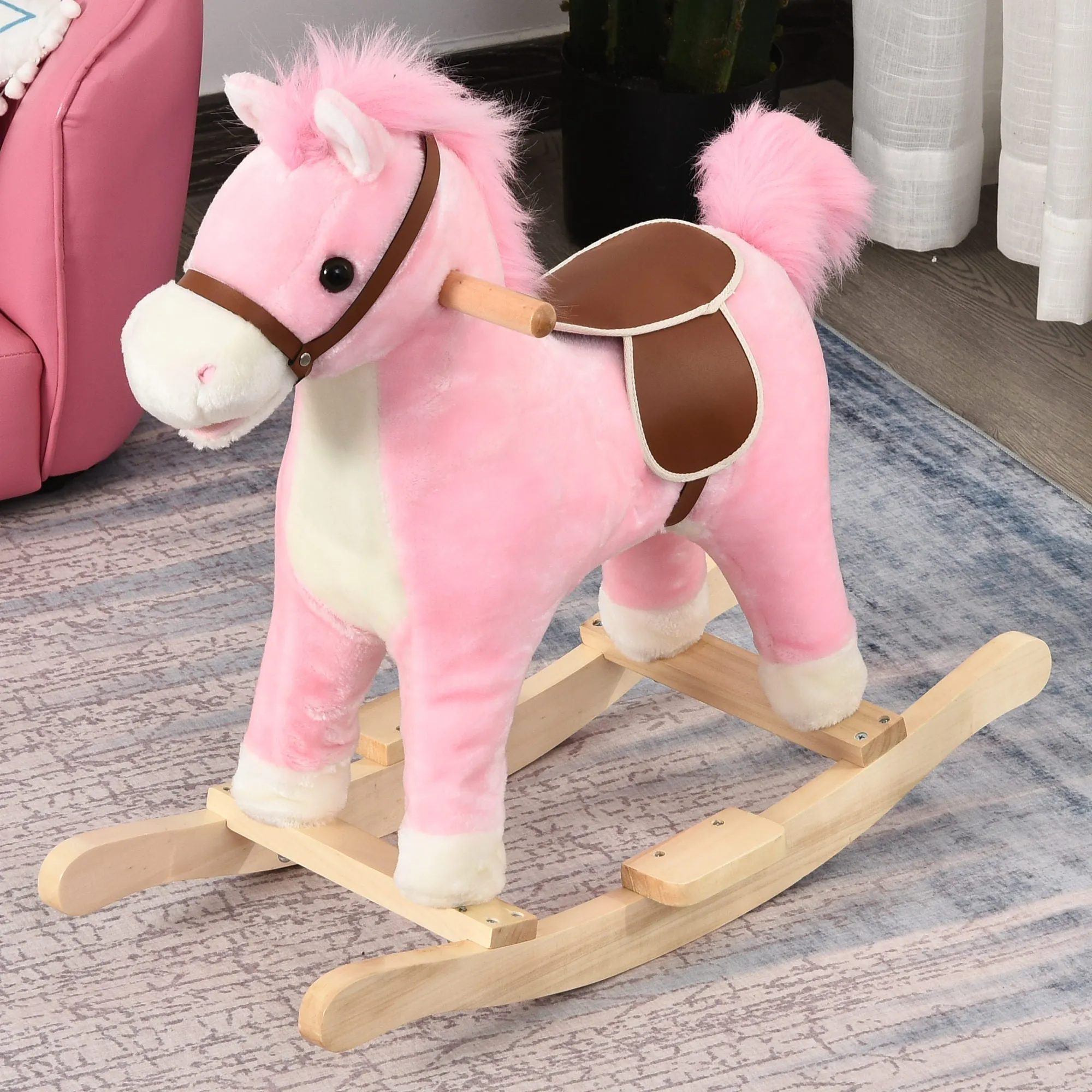 Wooden Rocking Horse Toy with Realistic Sounds for Babies 36-72 Months, Includes 2 AA Batteries, Pink - Image 2