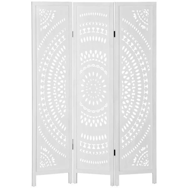 3-Panel Folding Room Divider Screen, Carved Wood, 120x170cm, White