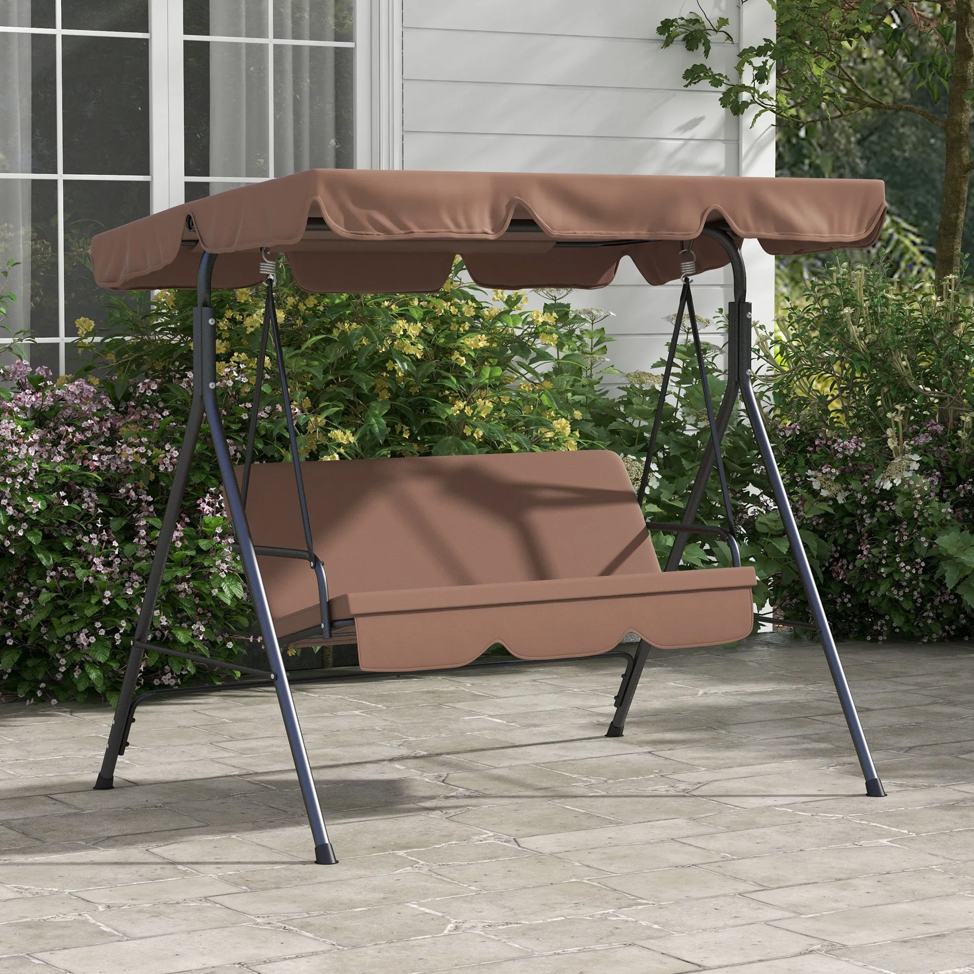 3 Seater Garden Swing with Tilting Sun Canopy and Cushions, 172x110x153 cm, Brown and Black - Image 2