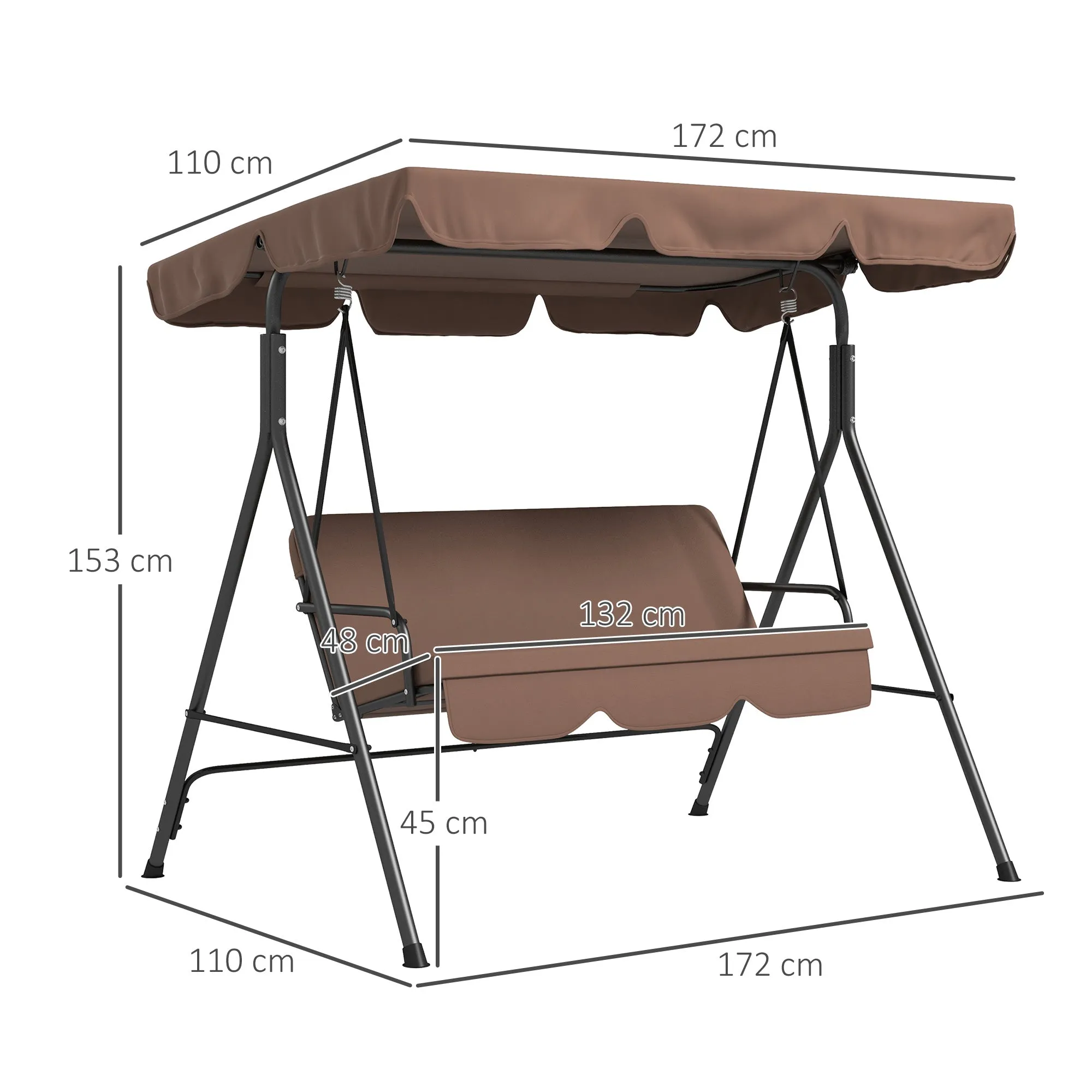 3 Seater Garden Swing with Tilting Sun Canopy and Cushions, 172x110x153 cm, Brown and Black - Image 3