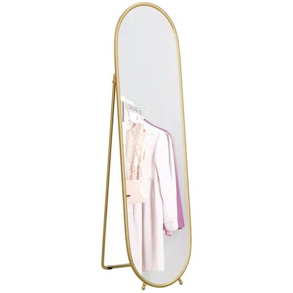 Oval Vertical Floor Mirror with Stand, in Glass and Metal, 40x41x159 cm, Gold Tone