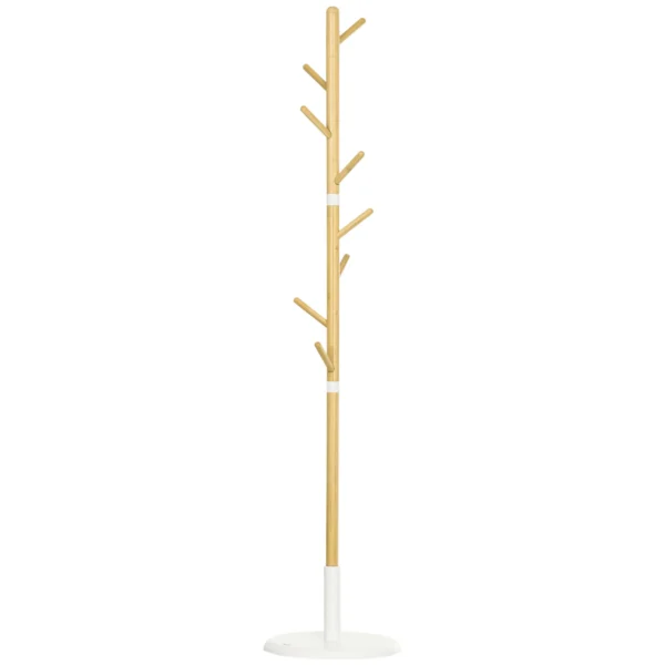 8 Hook Coat Tree with Round Base in Bamboo, Wood and Metal, Ø37.8x175.6 cm, Wood and White