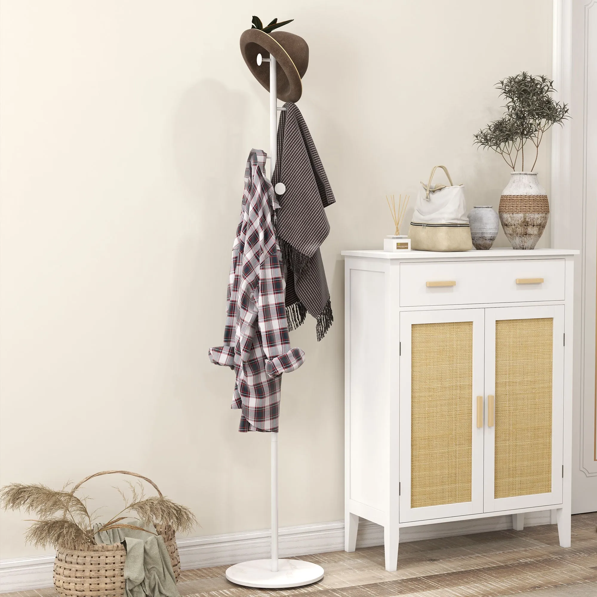 Freestanding Coat Rack with 6 Steel Disc Hooks and Slate Base, White - Image 2